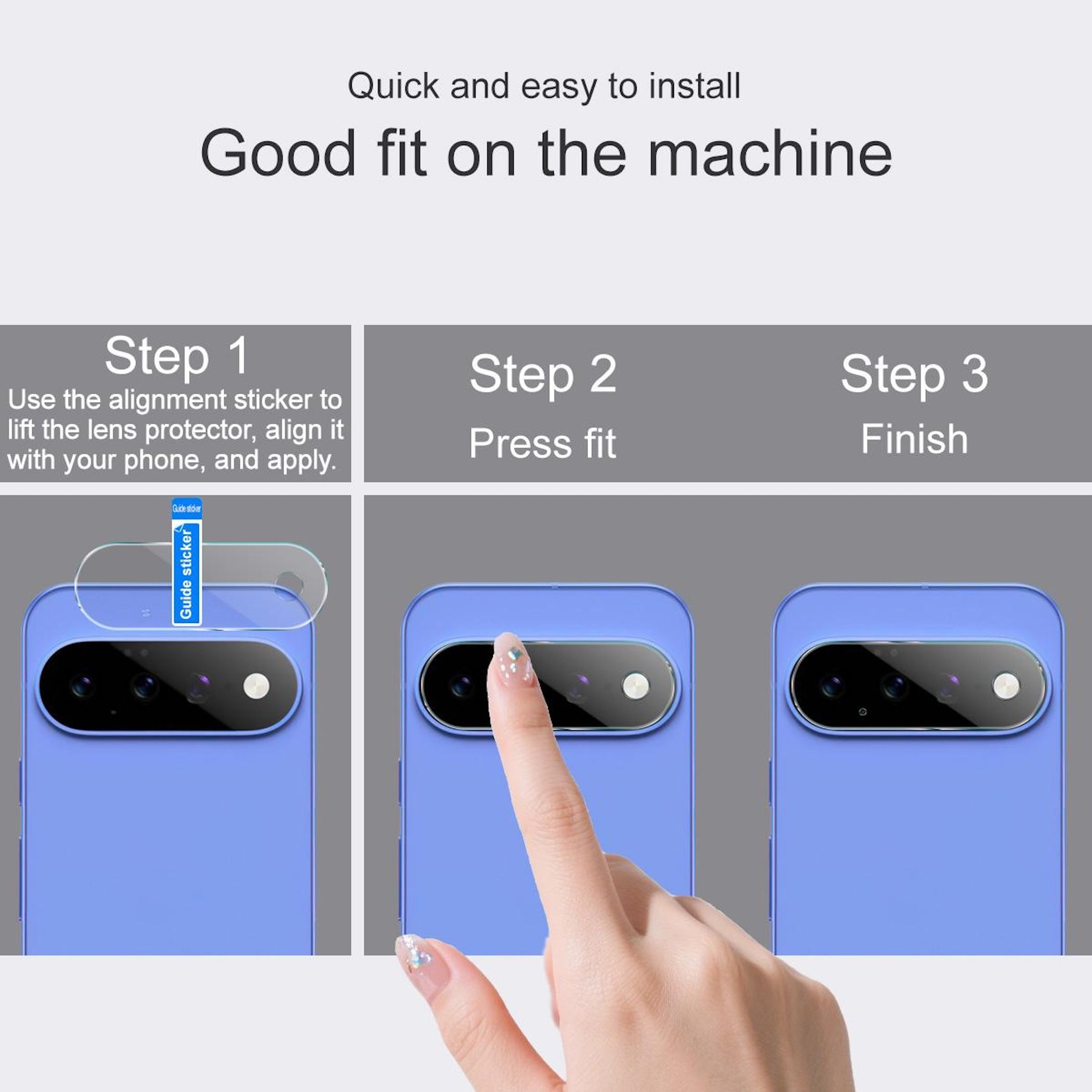 Anleitung in drei Schritten zur einfachen Installation eines Handy-Linsenschutzes.