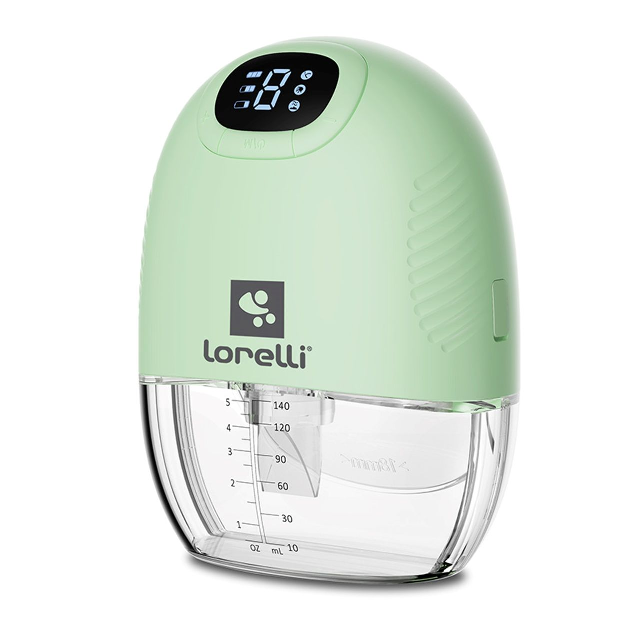Eine hellgrüne elektrische Milchpumpe mit Digitaldisplay und klarem Behälter mit Skala.