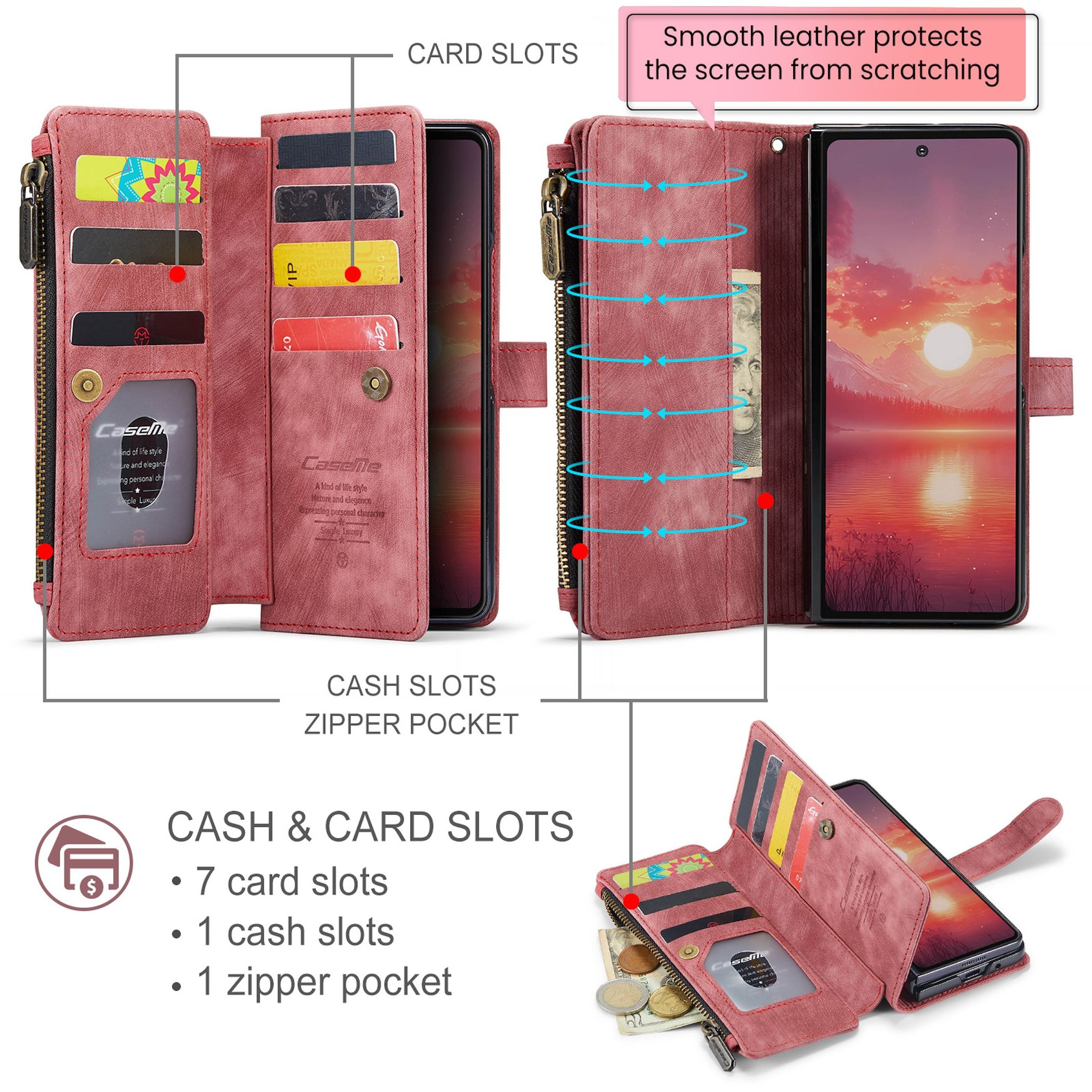 Rosa Leder-Handytasche mit Karten- und Bargeldfächern, Reißverschlusstasche und integriertem Smartphone.