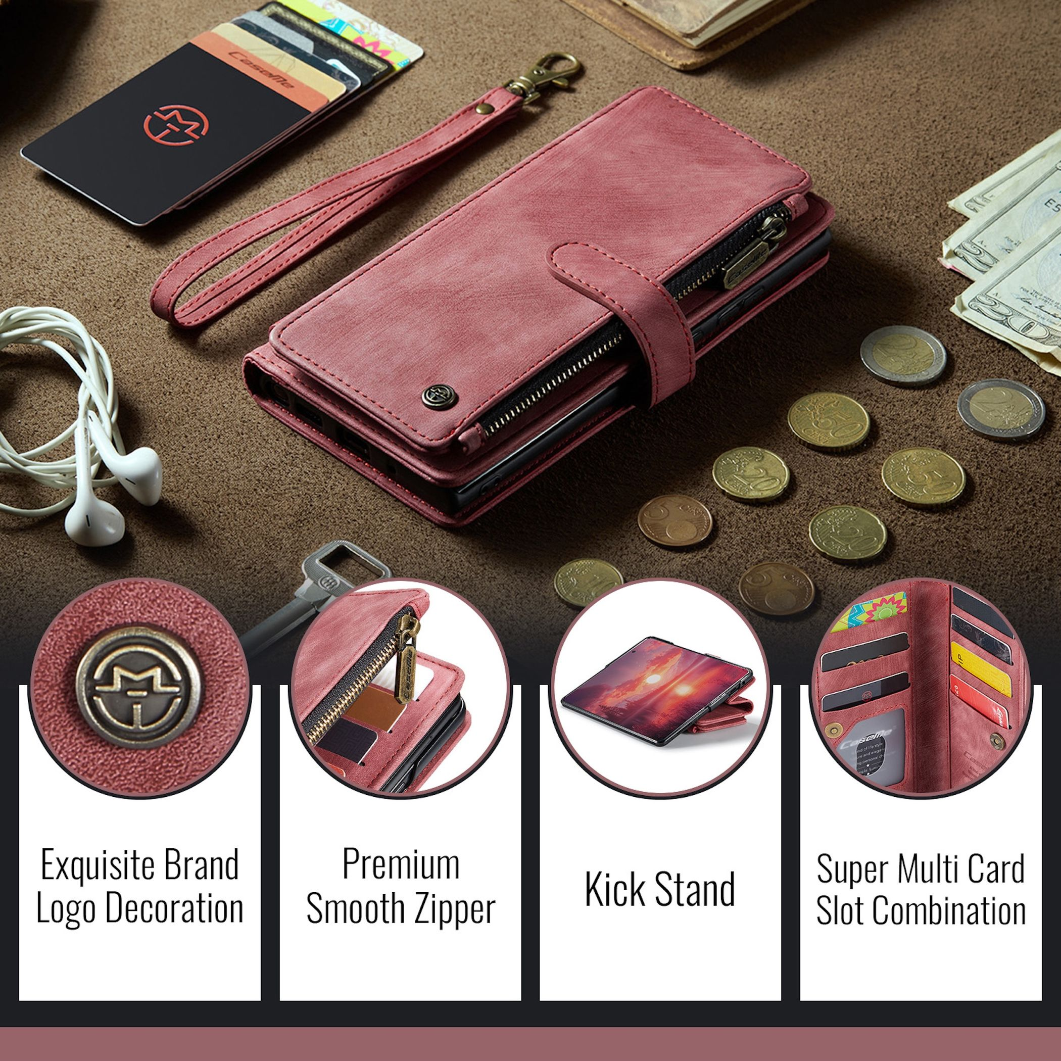 Rote Leder-Handyhülle mit Karten, Münzen und Kopfhörern auf einem Tisch mit vier Detailkreisen.