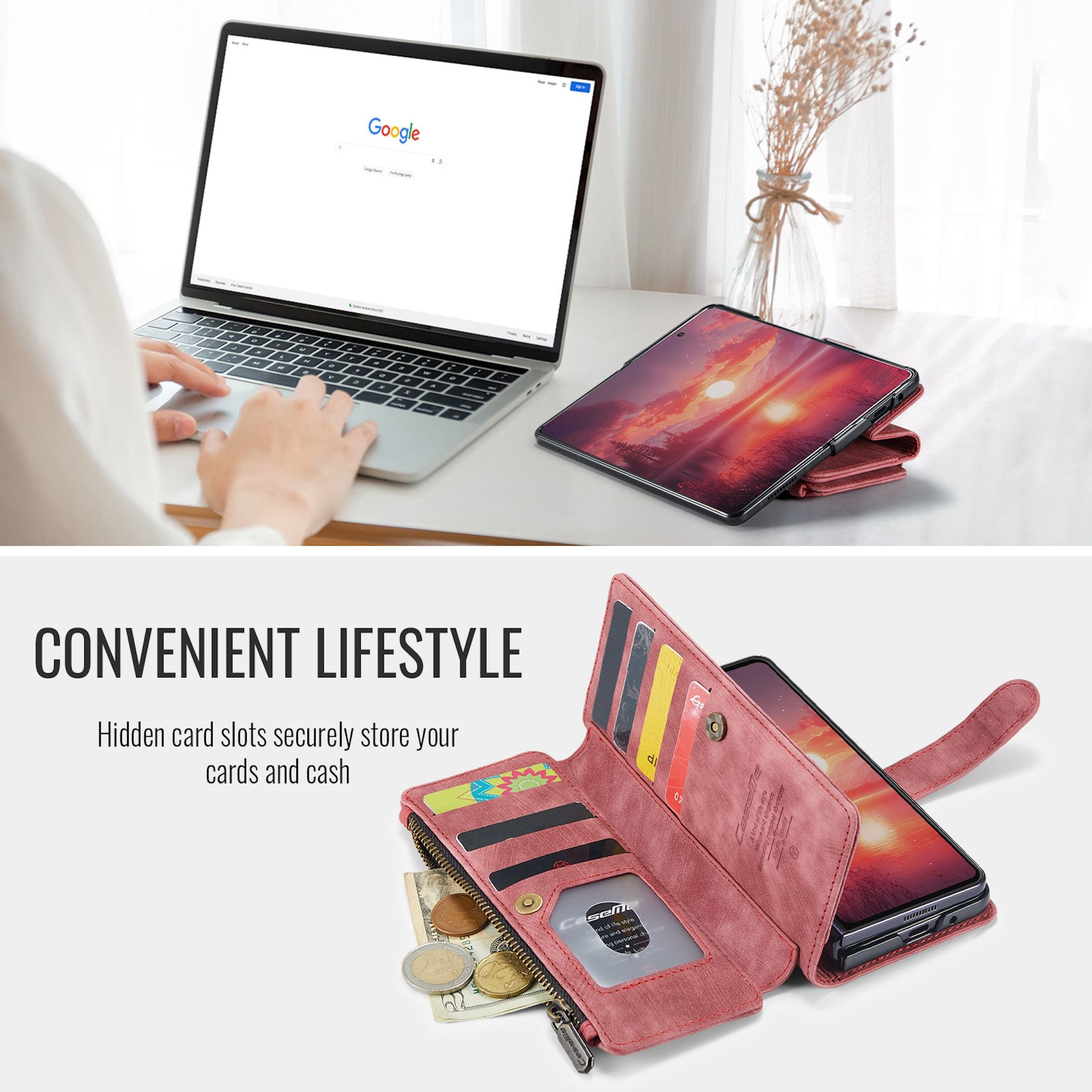 Eine Person nutzt einen Laptop neben einem faltbaren Handy in einer rosa Brieftasche mit Kartenfächern.