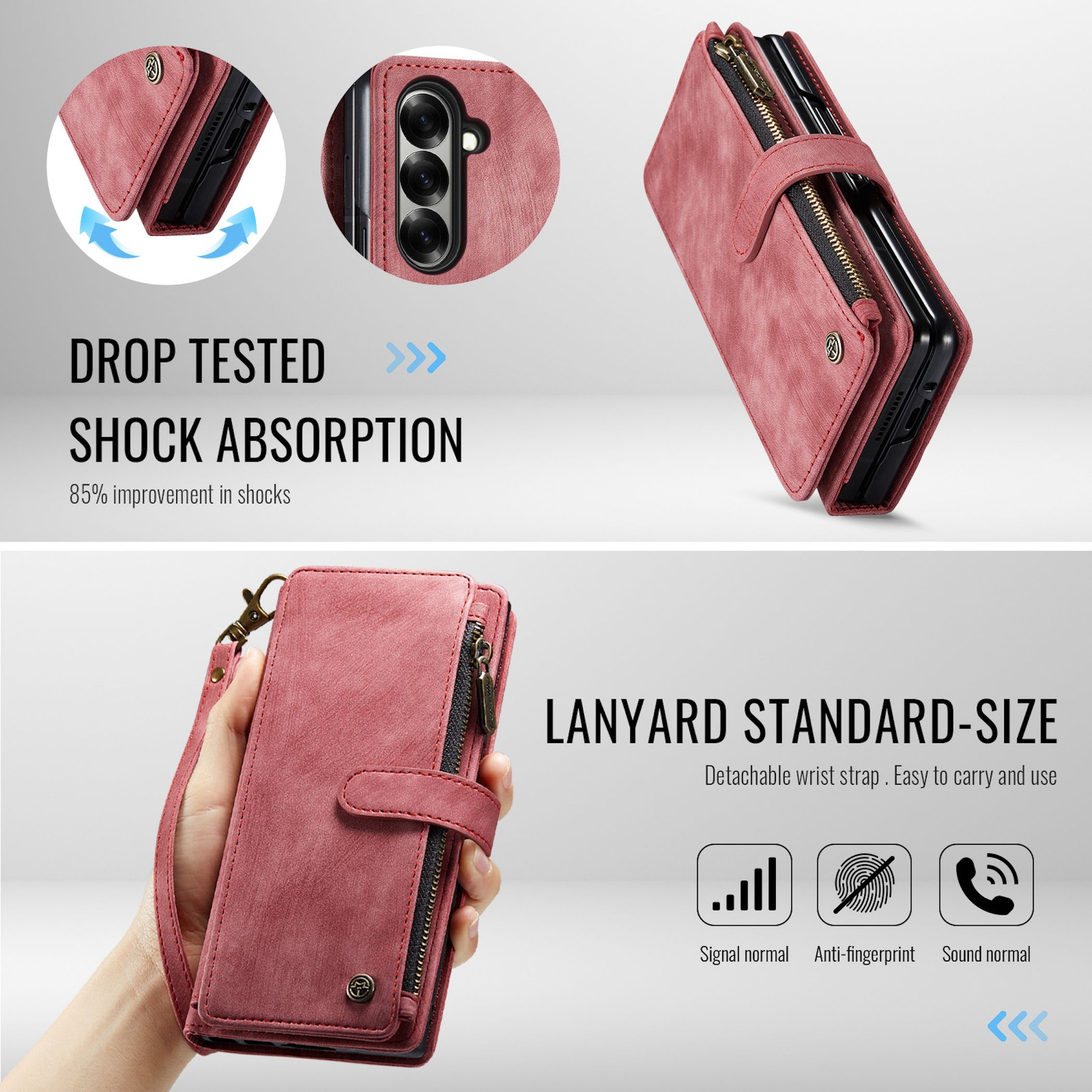 Rote Leder-Handytasche mit Reißverschluss, Handschlaufe und Sturzschutz.