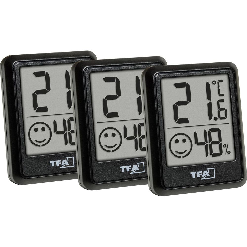 Drei schwarze TFA-Thermo-Hygrometer mit digitalem Display und Smiley-Symbol auf weißem Hintergrund.
