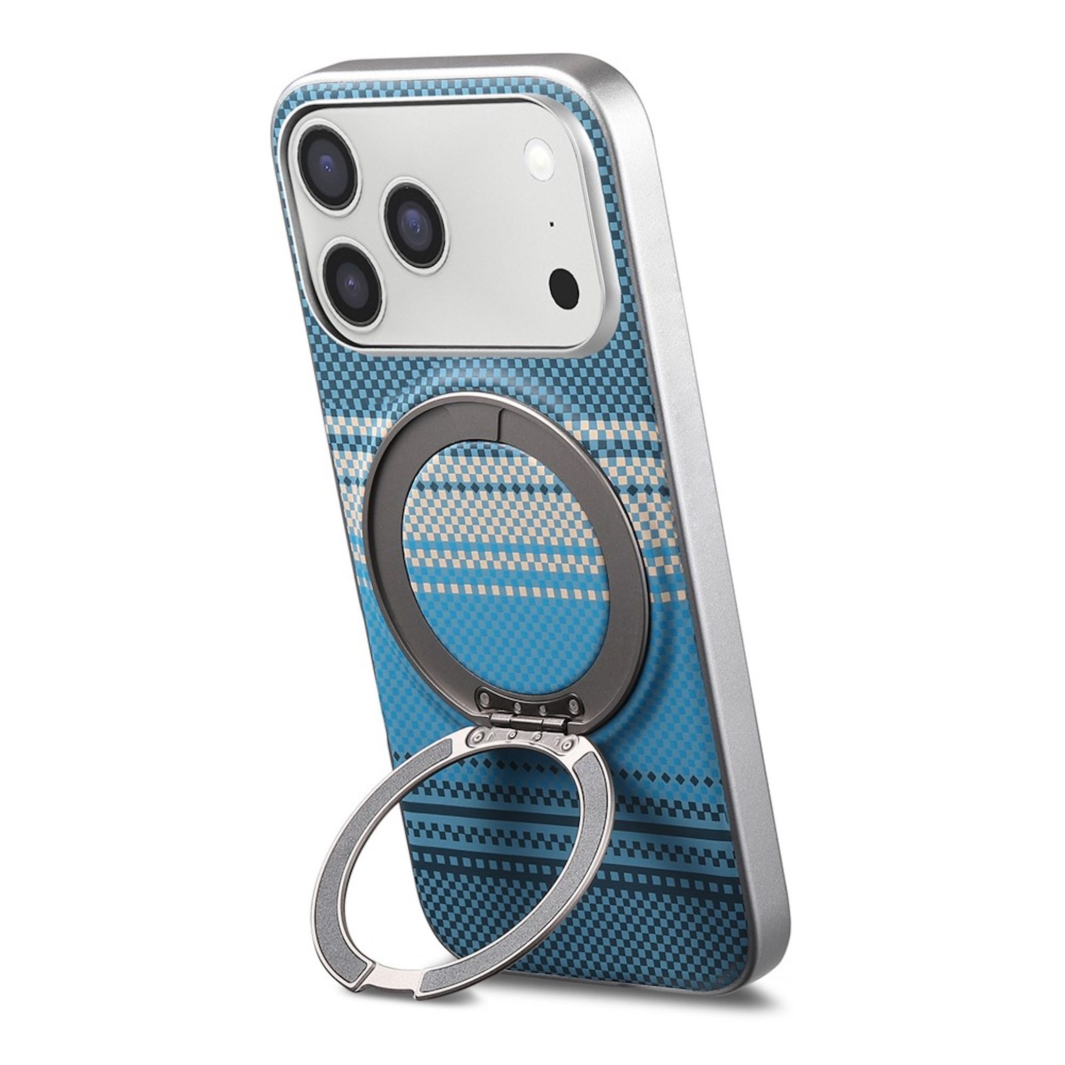Smartphone mit blauem Muster und integriertem runden Ständer auf der Rückseite.