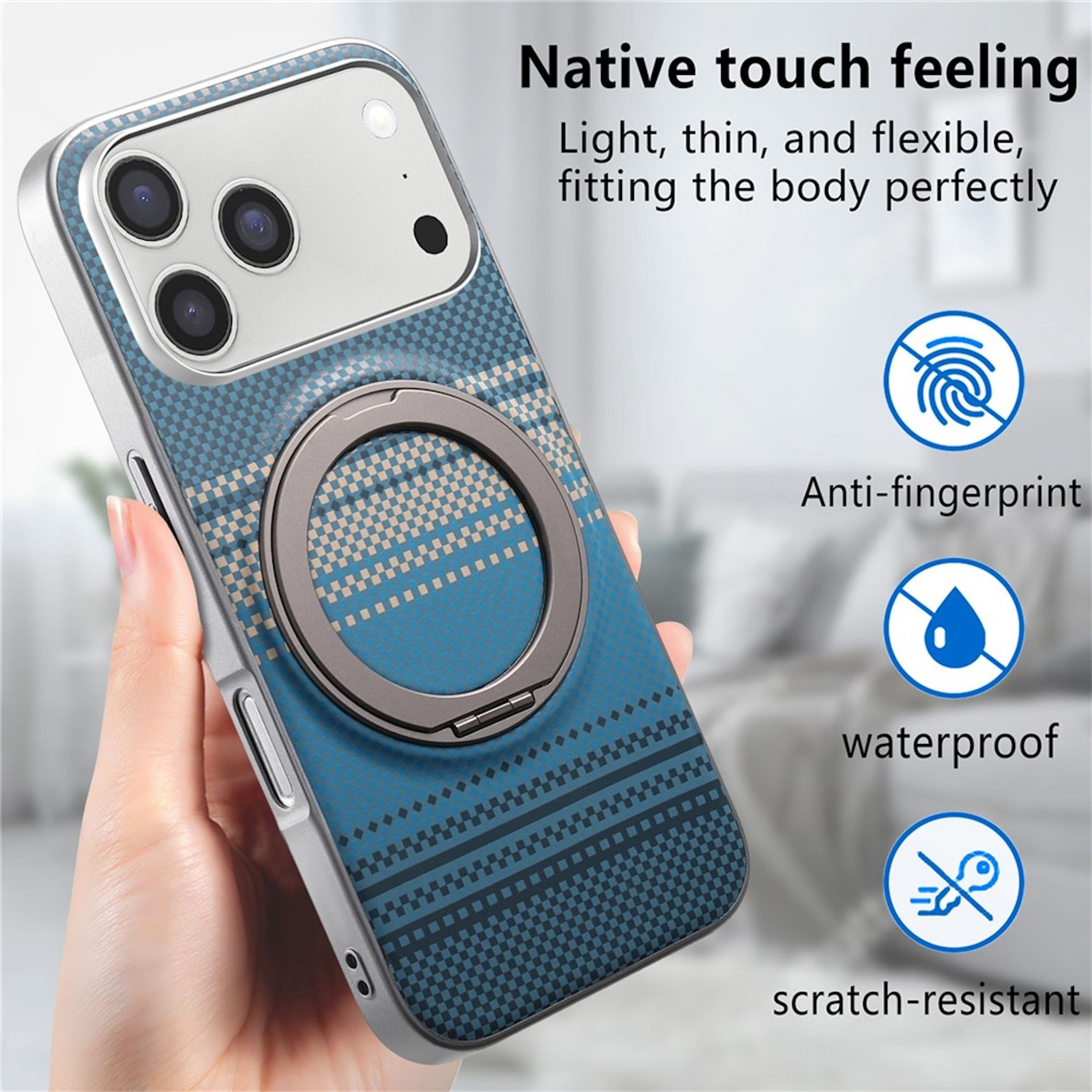 Eine Hand hält eine blau gemusterte Handyhülle mit integriertem Metallring-Ständer und Produktmerkmal-Symbolen.