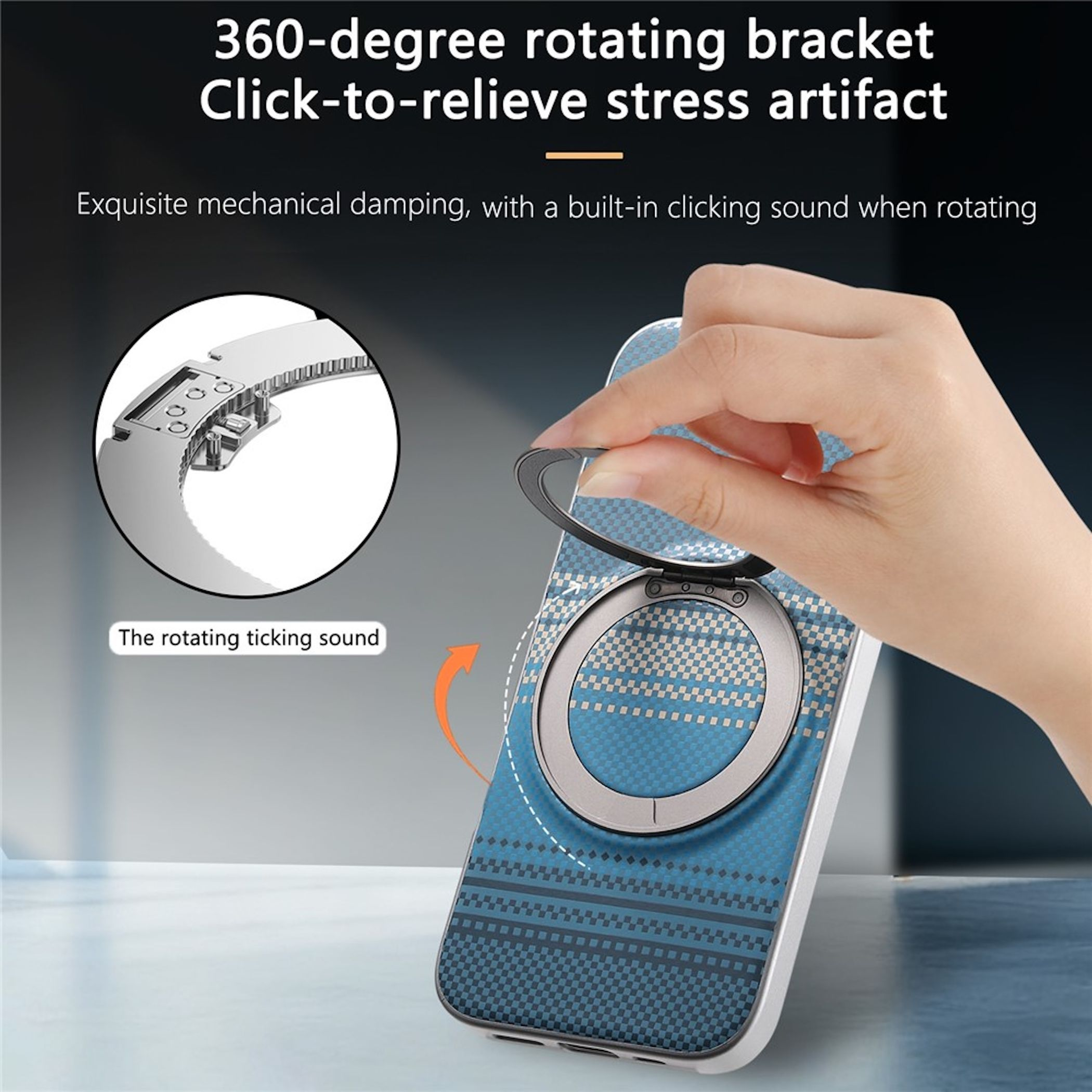Hand hält Handyhülle mit 360-Grad-Drehring und Text.