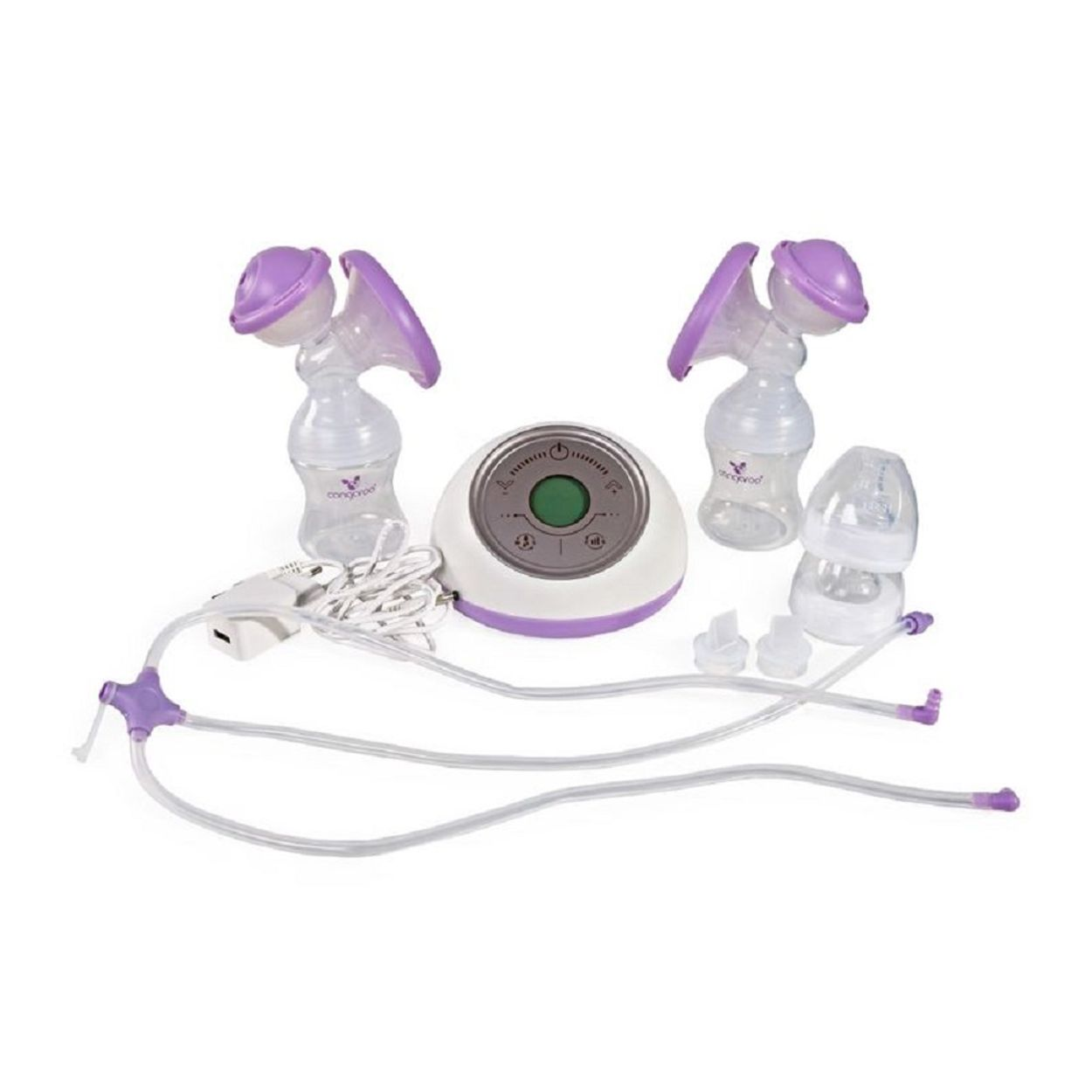 Eine elektrische Doppelmichpumpe mit violetten und weißen Teilen, zwei Flaschen und Schläuchen.