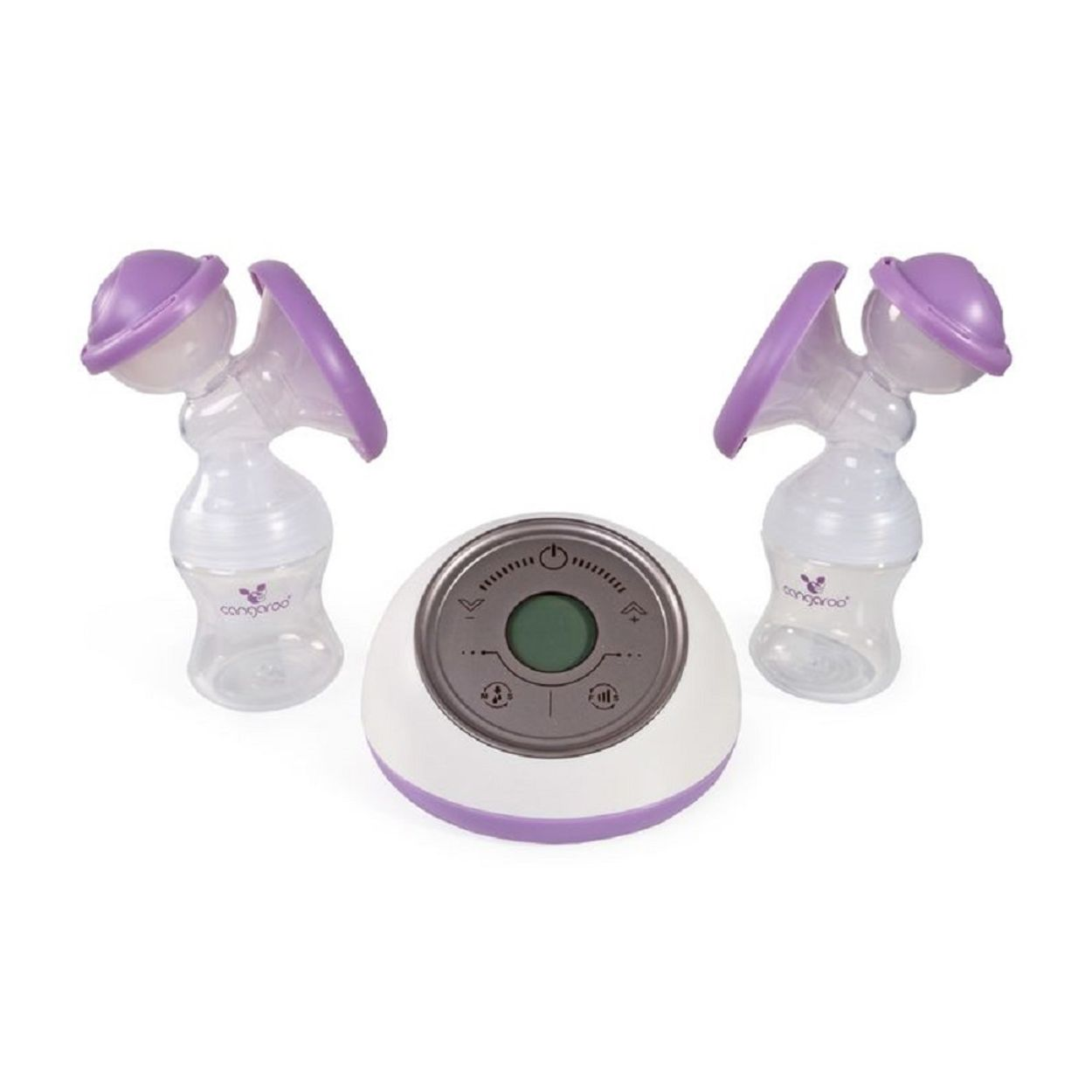 Eine weiße und violette elektrische Doppel-Milchpumpe mit Digitaldisplay auf weißem Hintergrund.