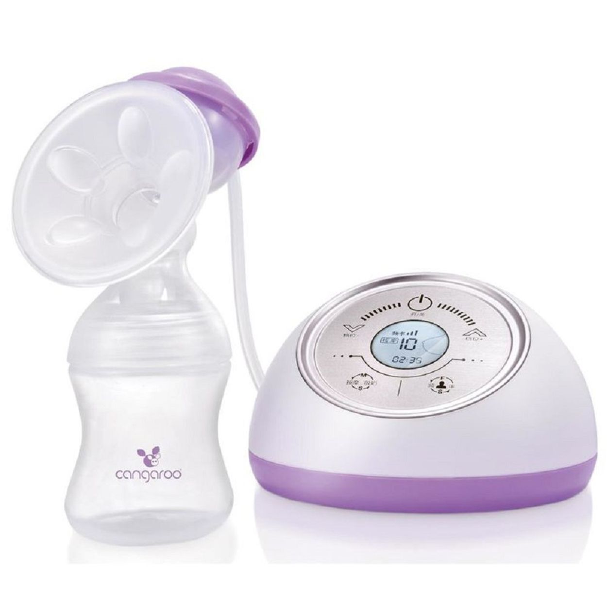 Eine weiße und lila elektrische Milchpumpe mit Flasche und digitalem Display.
