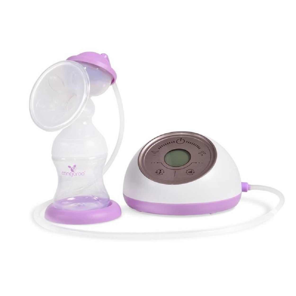 Eine weiß-lila elektrische Milchpumpe mit Flasche und Pumpeneinheit, verbunden durch einen klaren Schlauch.