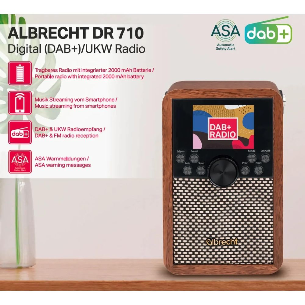 Albrecht DR 710 Digitalradio mit Holzoptik und Textdetaillierung auf einem Holztisch.