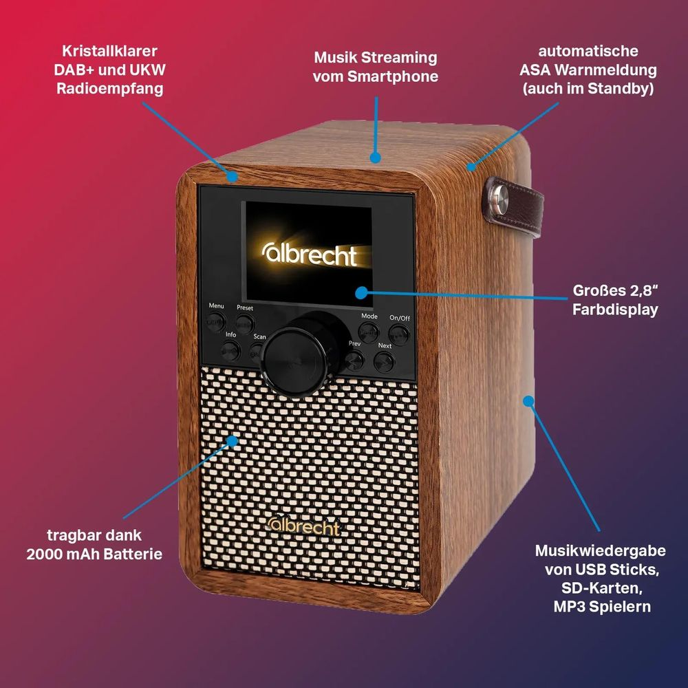 Holzfarbenes Albrecht Radio mit Display, Knöpfen, Lautsprechergitter und erklärenden Texten.