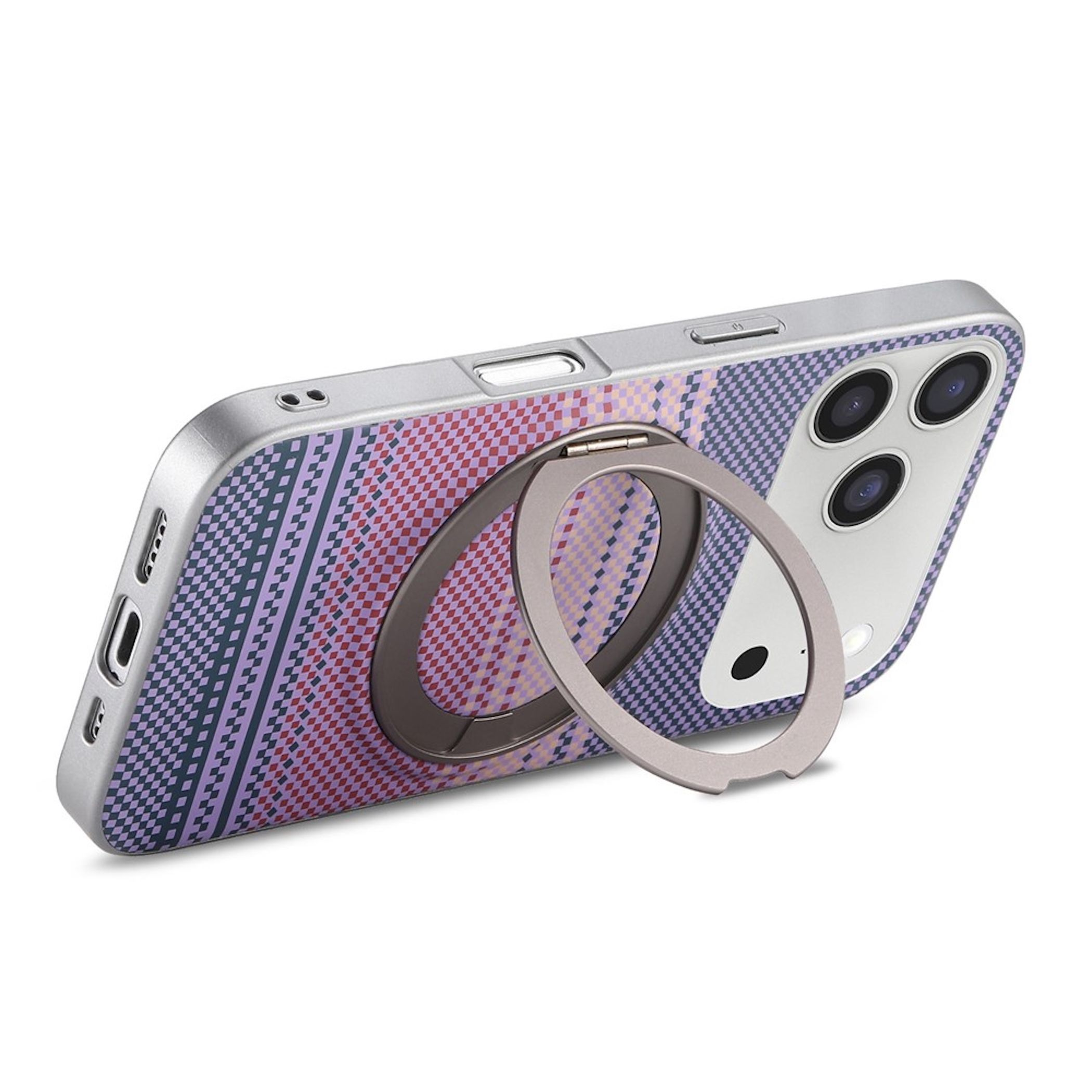 Smartphone en funda con patrón geométrico y soporte de anillo desplegado en la parte posterior.