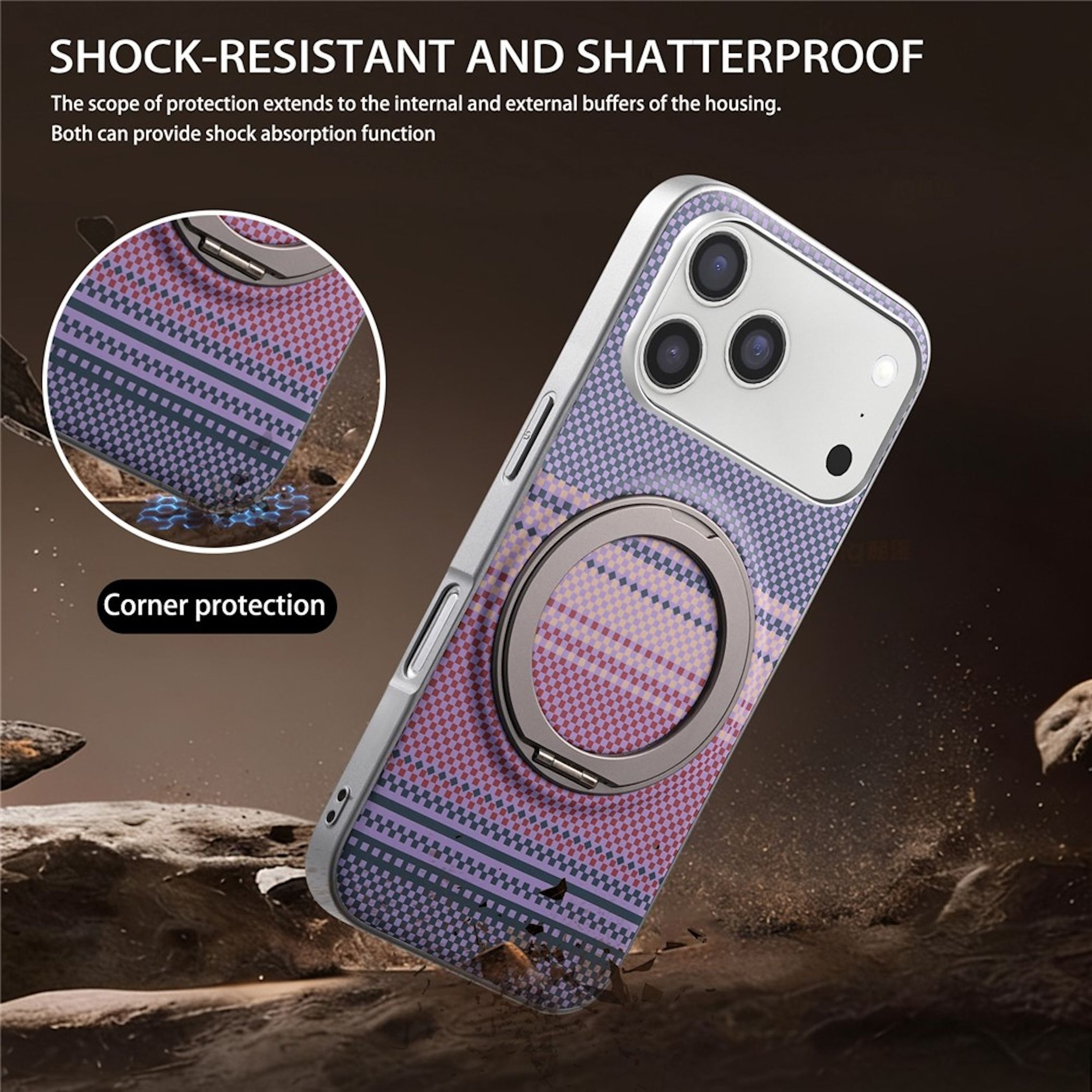 Un smartphone en una funda a cuadros morados con anillo metálico sobre fondo rocoso.