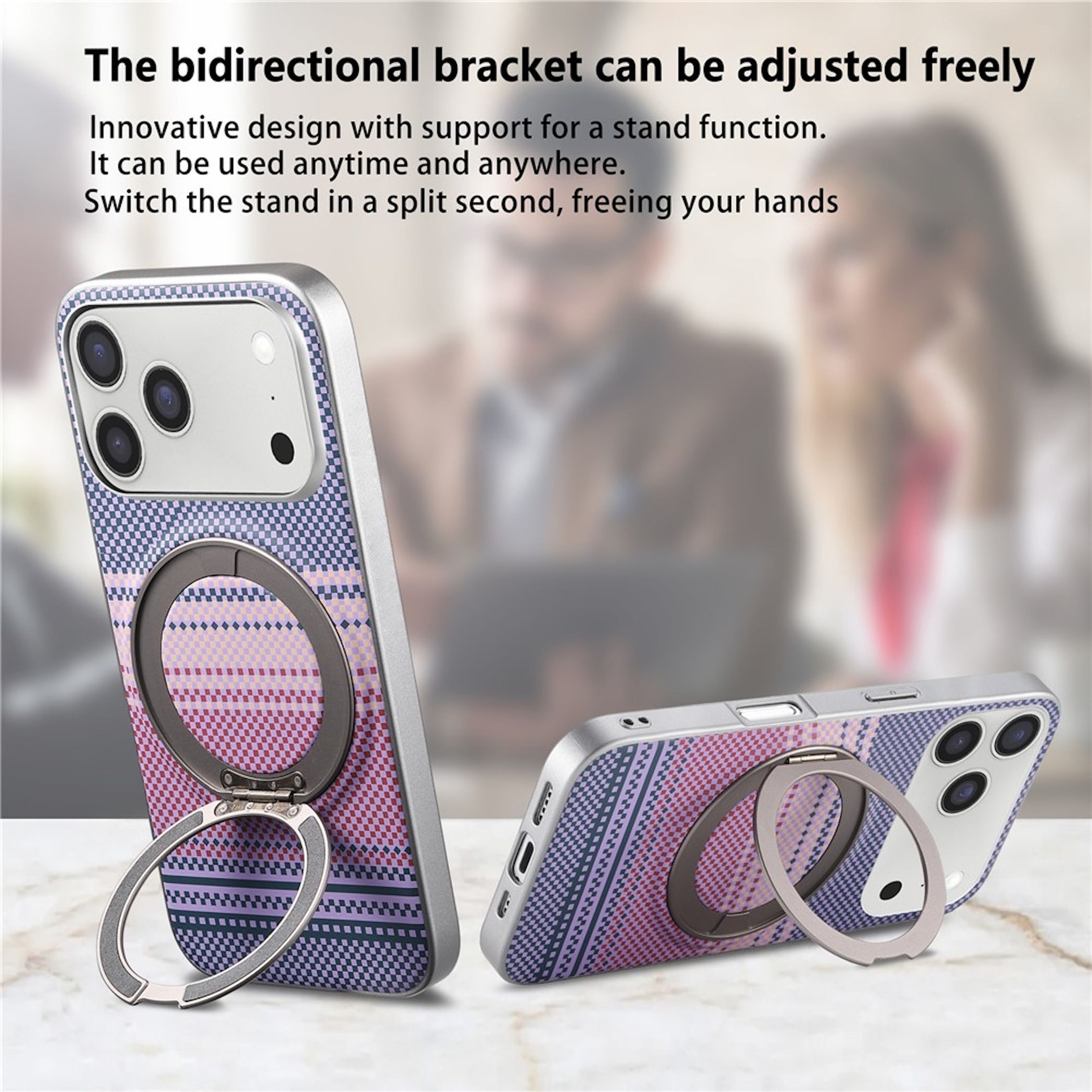 Funda de teléfono con soporte de anillo ajustable integrado en una mesa, con personas borrosas de fondo.