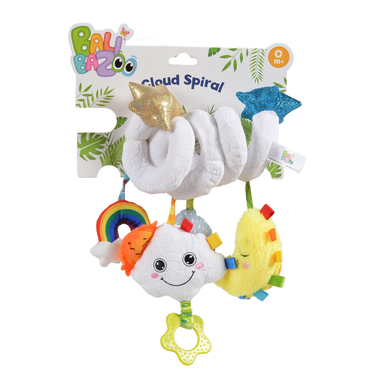 Weißes Plüsch-Wolken-Spiral-Babyspielzeug mit Regenbogen, Sonne, Wolke, Mond und Stern an Verpackung.