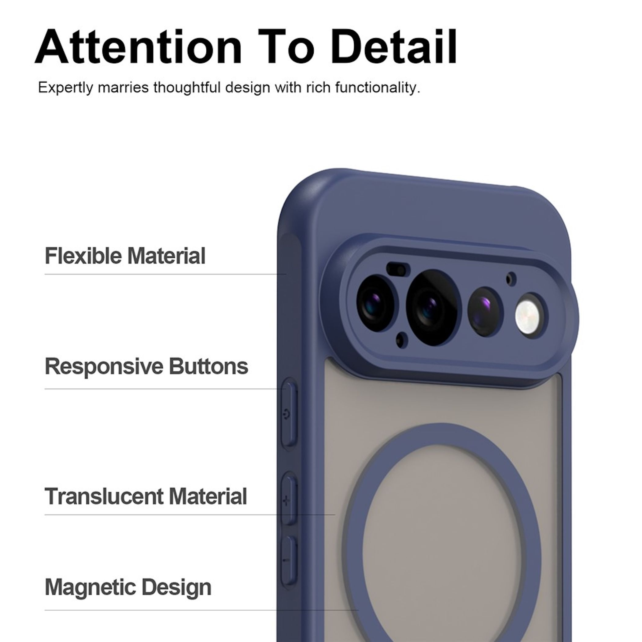 Eine blaue Handyhülle mit flexiblem Material, reaktionsschnellen Tasten, durchscheinender Rückseite und magnetischem Design.