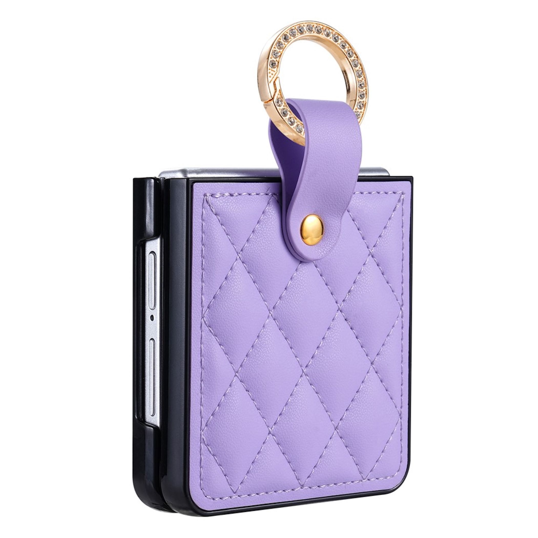 Eine lila gesteppte Handytasche mit schwarzem Rahmen und goldenem Ringriemen.