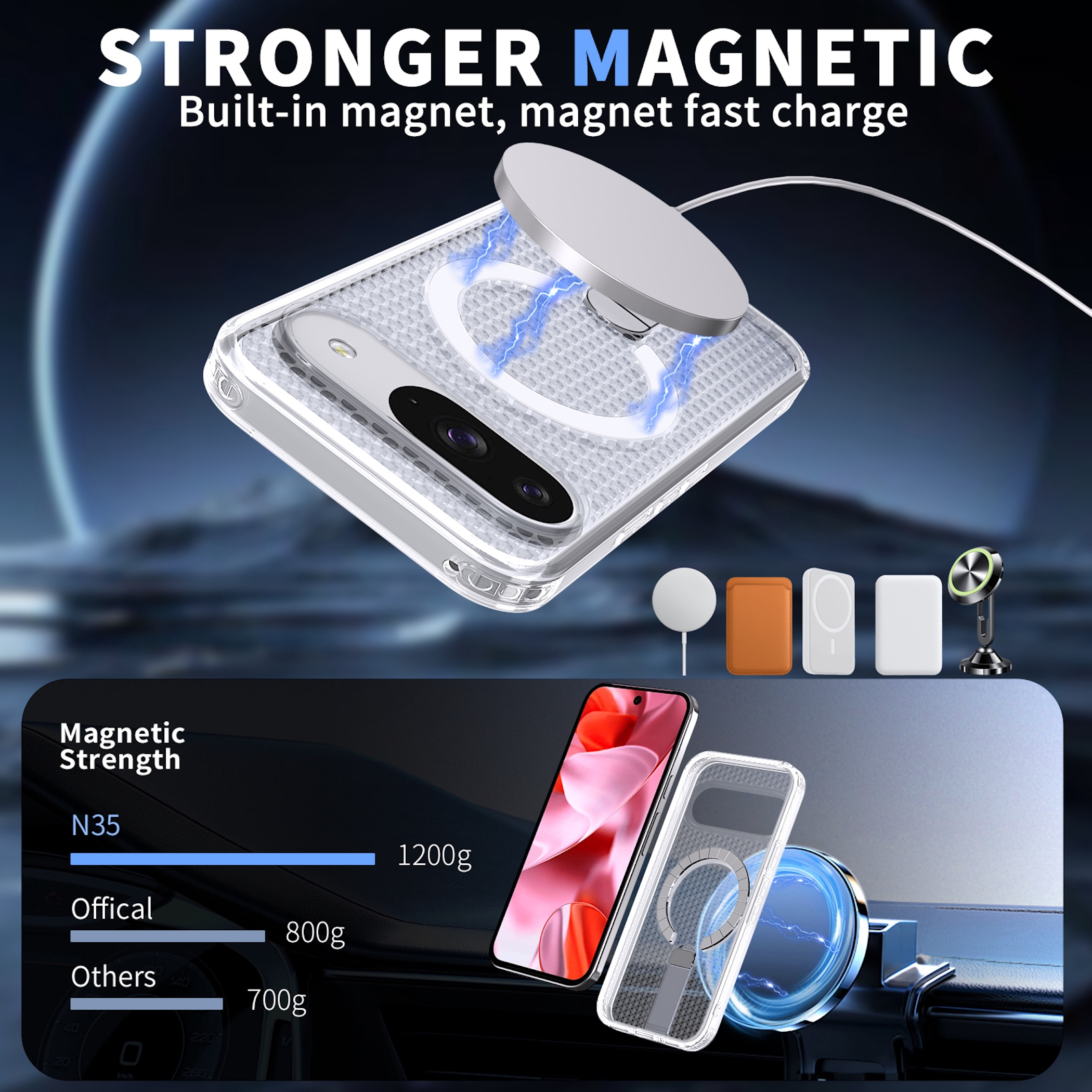 Starke Magnethülle für Smartphones mit kabelloser Schnellladefunktion.