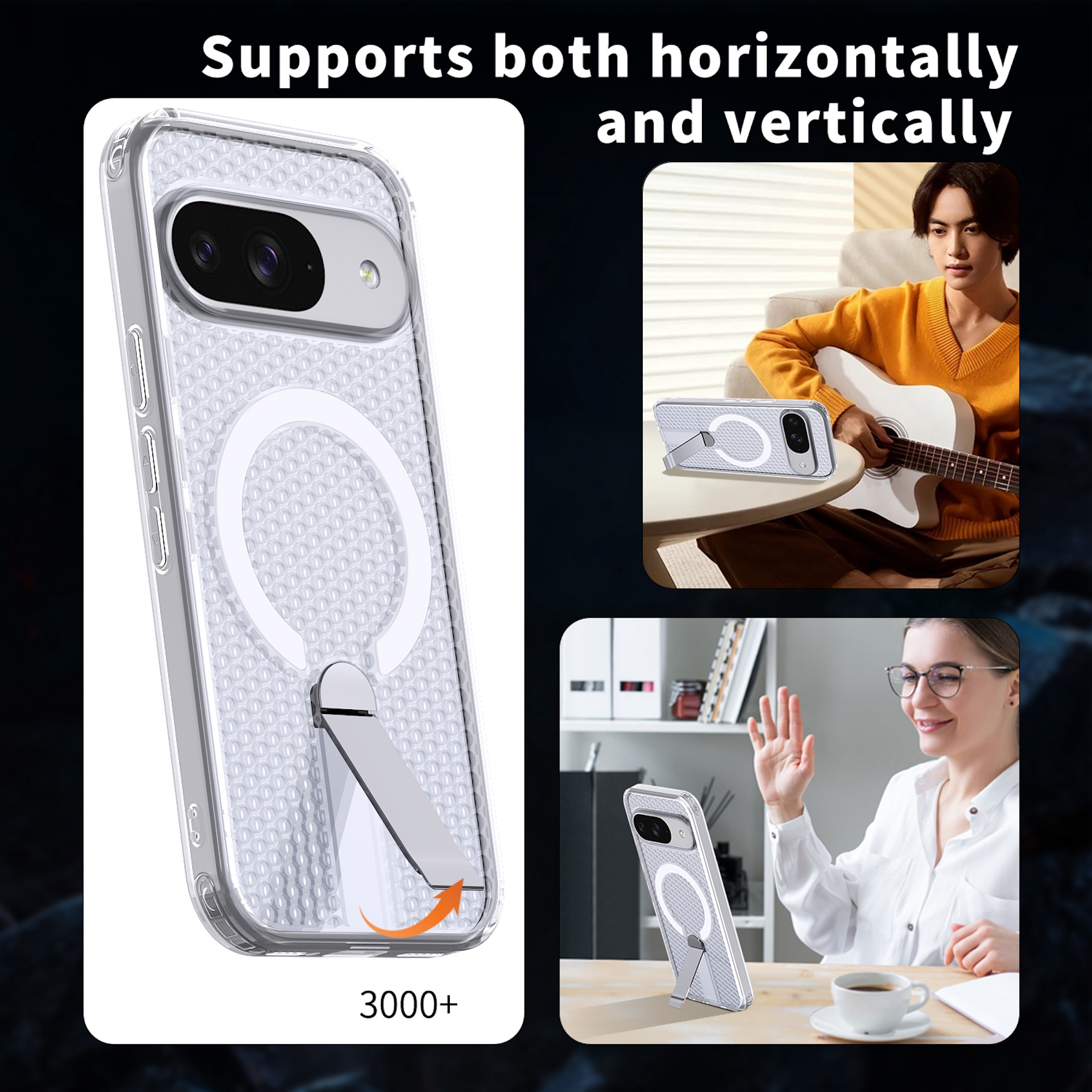 Transparente Handyhülle mit integriertem Ständer für horizontale und vertikale Nutzung.