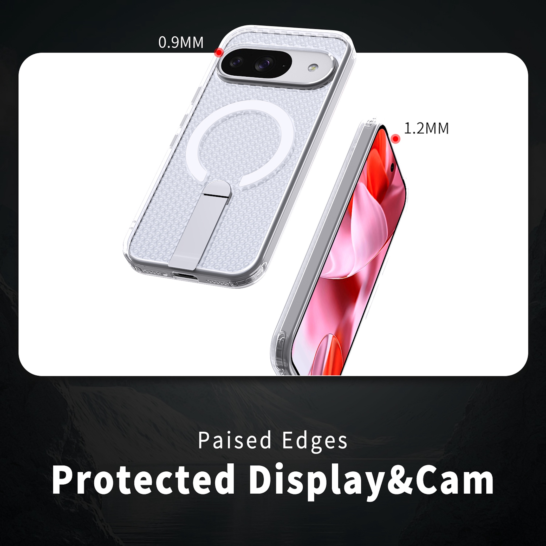 Transparente Handyhülle mit Ständer zeigt 0.9mm Kameraund 1.2mm Display-Schutz.