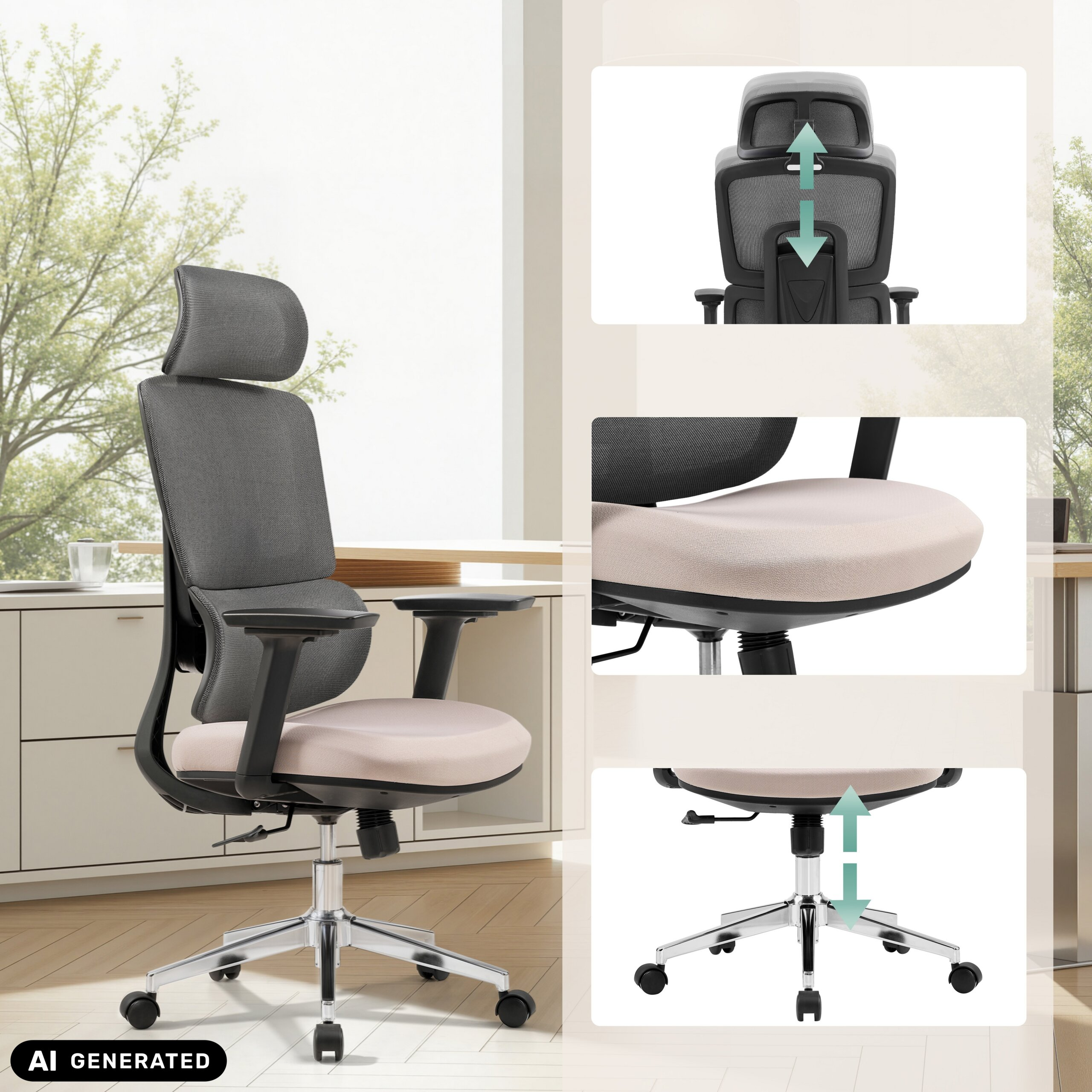 Ergonomischer Bürostuhl mit beigem Sitz, grauem Netzrücken, Kopfstütze und Details zu den Verstellfunktionen.