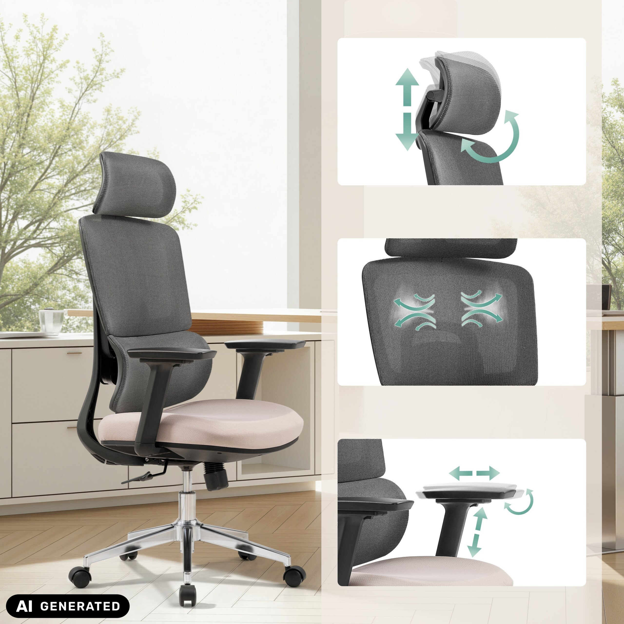 Ergonomischer Bürostuhl mit grauer Netzlehne, hellem Sitz und Verstellbarkeitseinfügungen.