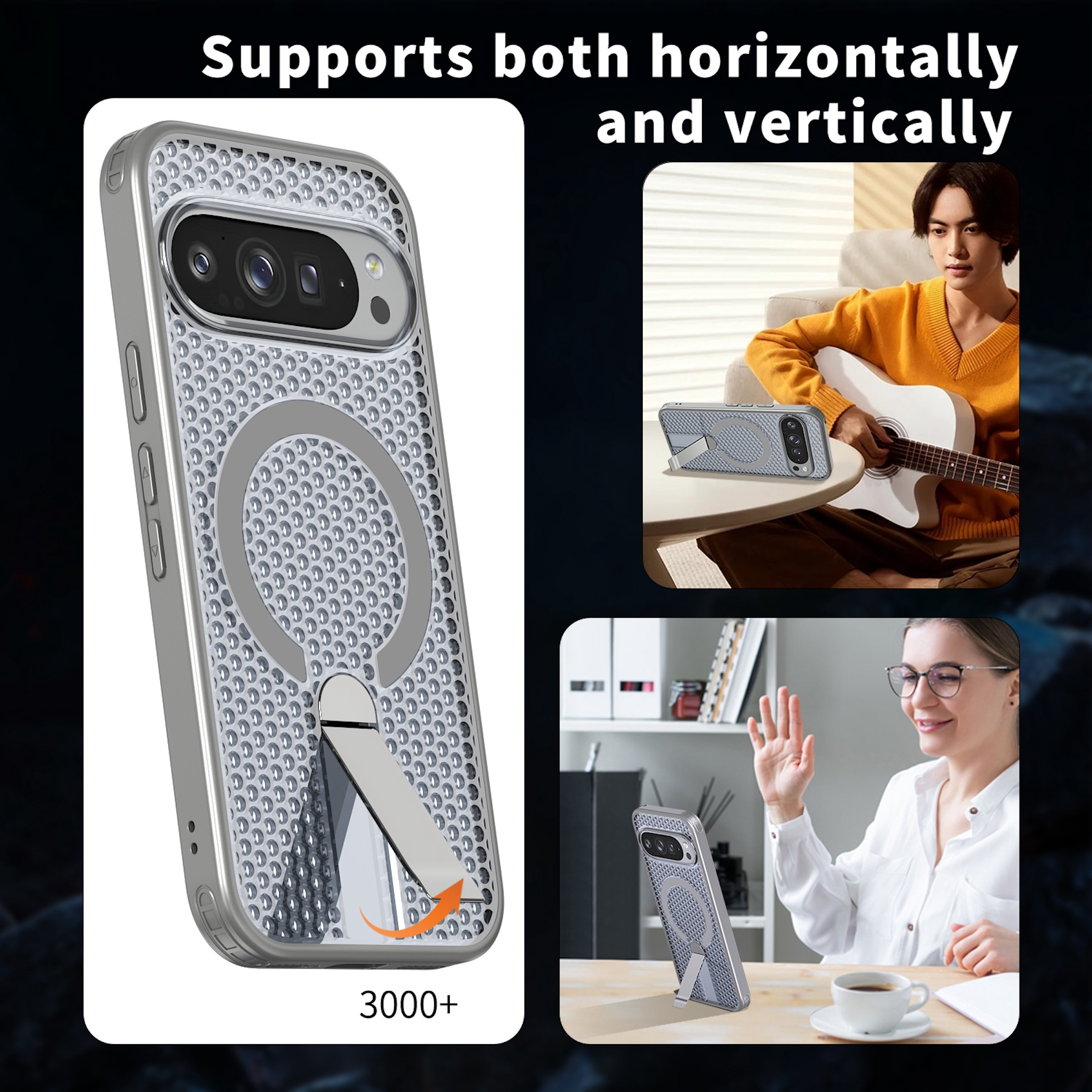 Handyhülle mit integriertem Ständer für vertikale und horizontale Nutzung.