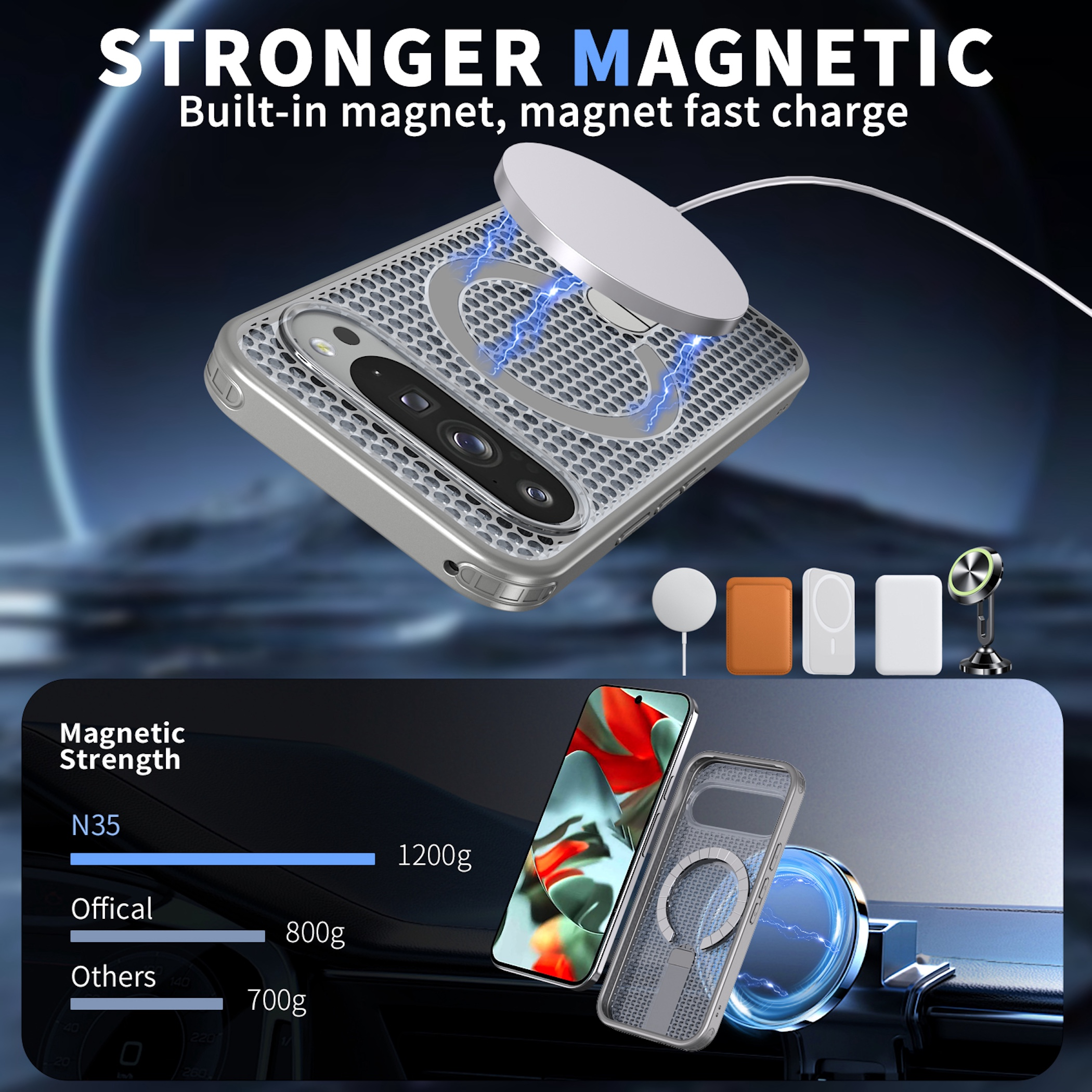 Starke Magnethülle für das Smartphone mit kabelloser Ladefunktion und Autohalterung.