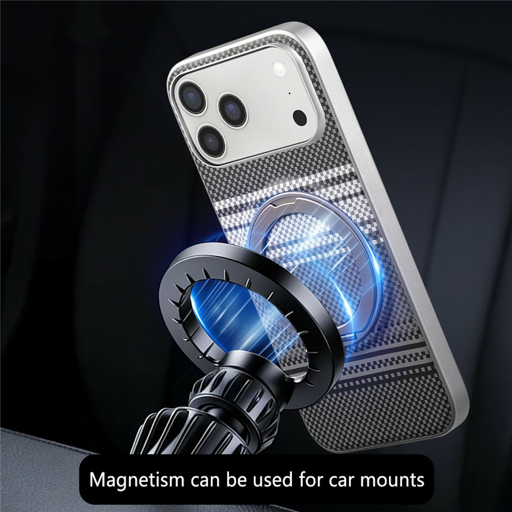 Smartphone mit Karomuster und Ringhalterung wird magnetisch an einer Autohalterung befestigt.