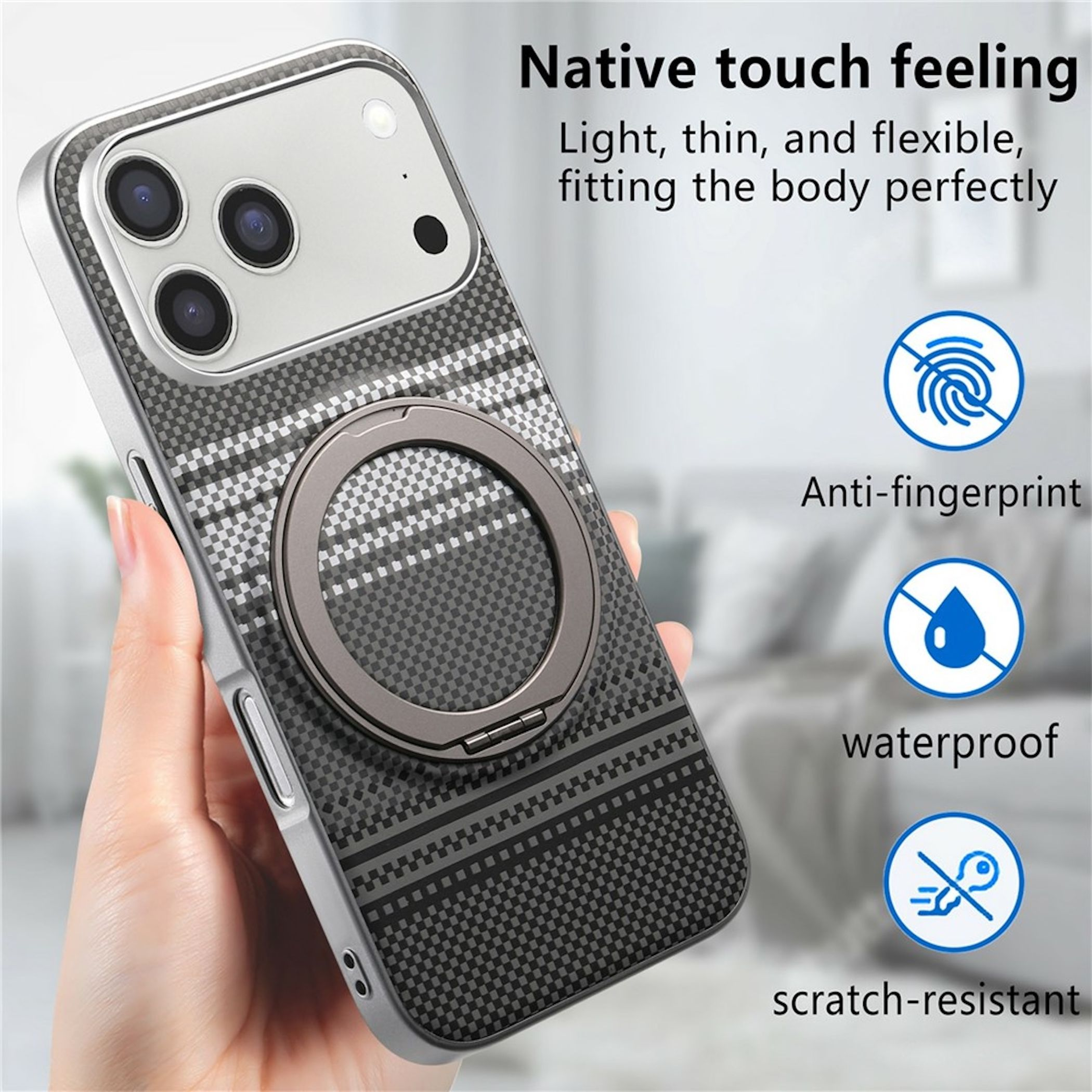 Hand gehaltenes schwarzes Karomuster-Handycase mit integriertem Ringständer und Features-Icons.
