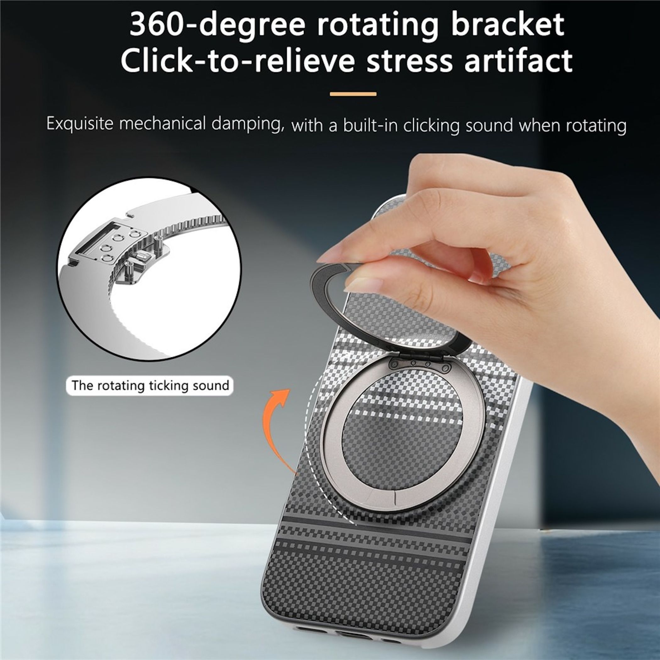 Hand hält einen drehbaren Ring auf einer gemusterten Handyhülle, mit Detailansicht des Mechanismus.