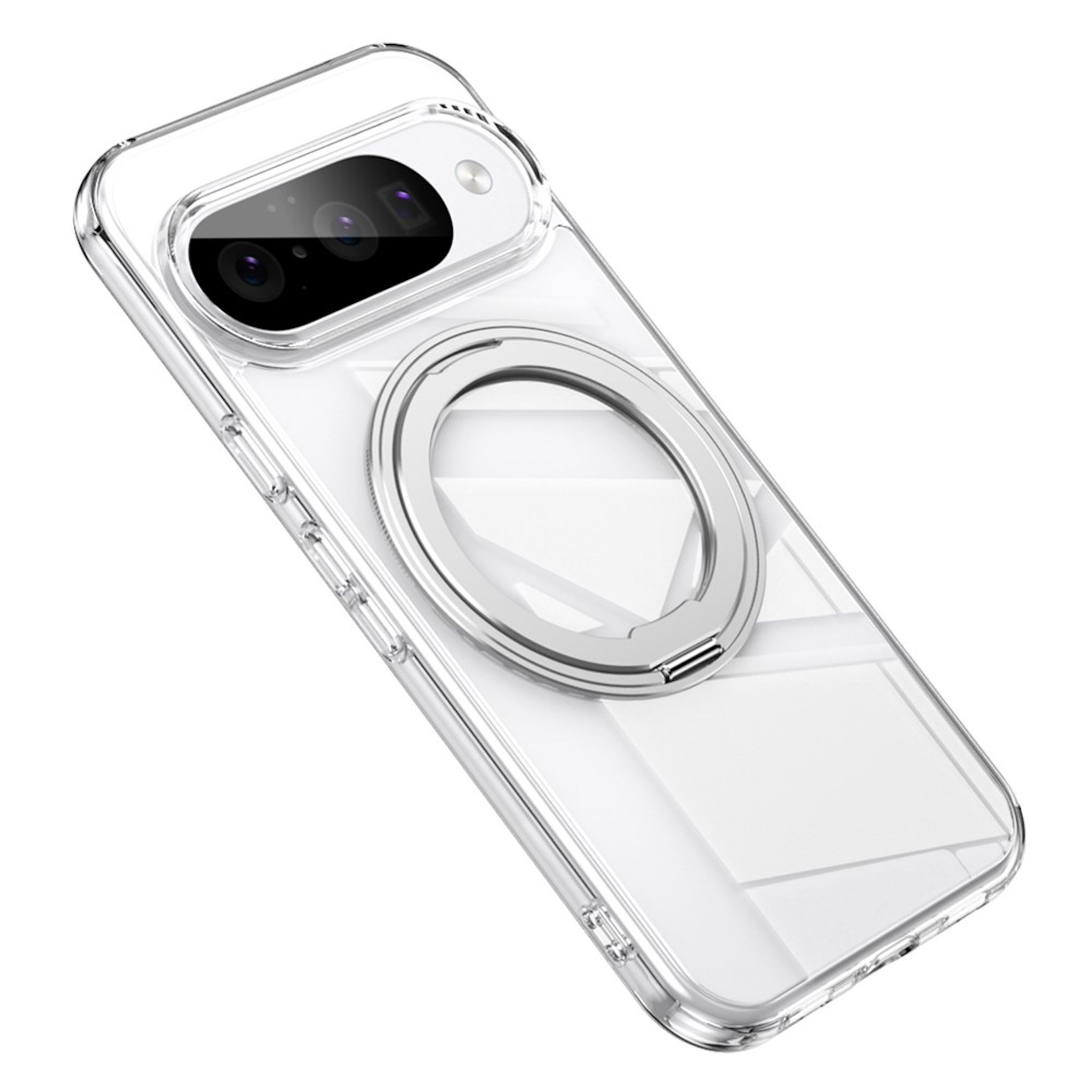 Transparente Smartphone-Hülle mit integriertem silbernem MagSafe-Ring und Kameraaussparung auf weißem Hintergrund.