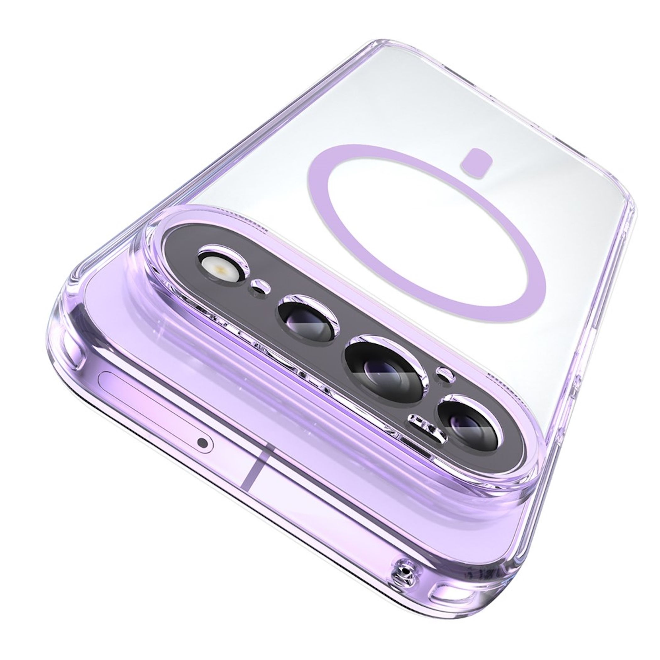 Rückseite eines Smartphones mit transparenter Hülle, lilafarbenem Kameramodul und MagSafe-Ring.
