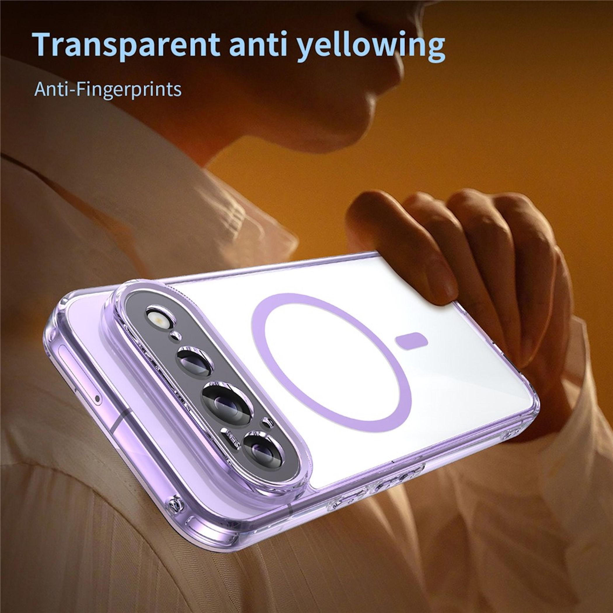 Eine Person hält ein Smartphone mit transparenter Schutzhülle, magnetischem Ladering und Kameraausschnitt.