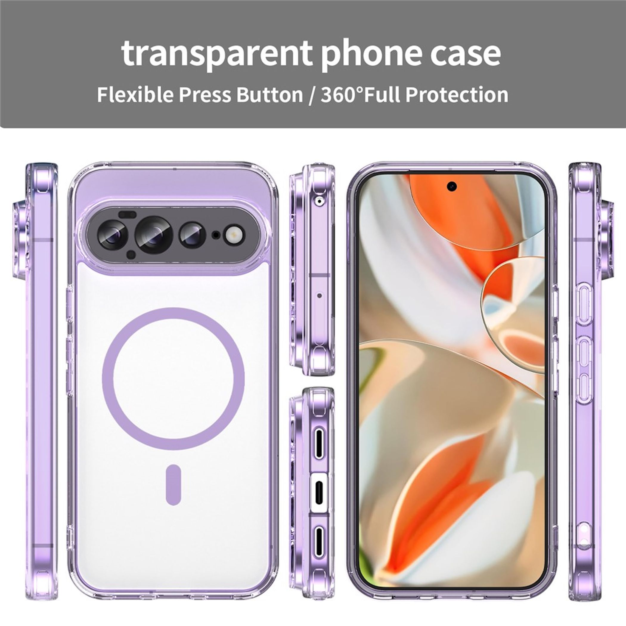 Transparente lila Handyhülle aus mehreren Blickwinkeln mit MagSafe-Ring.