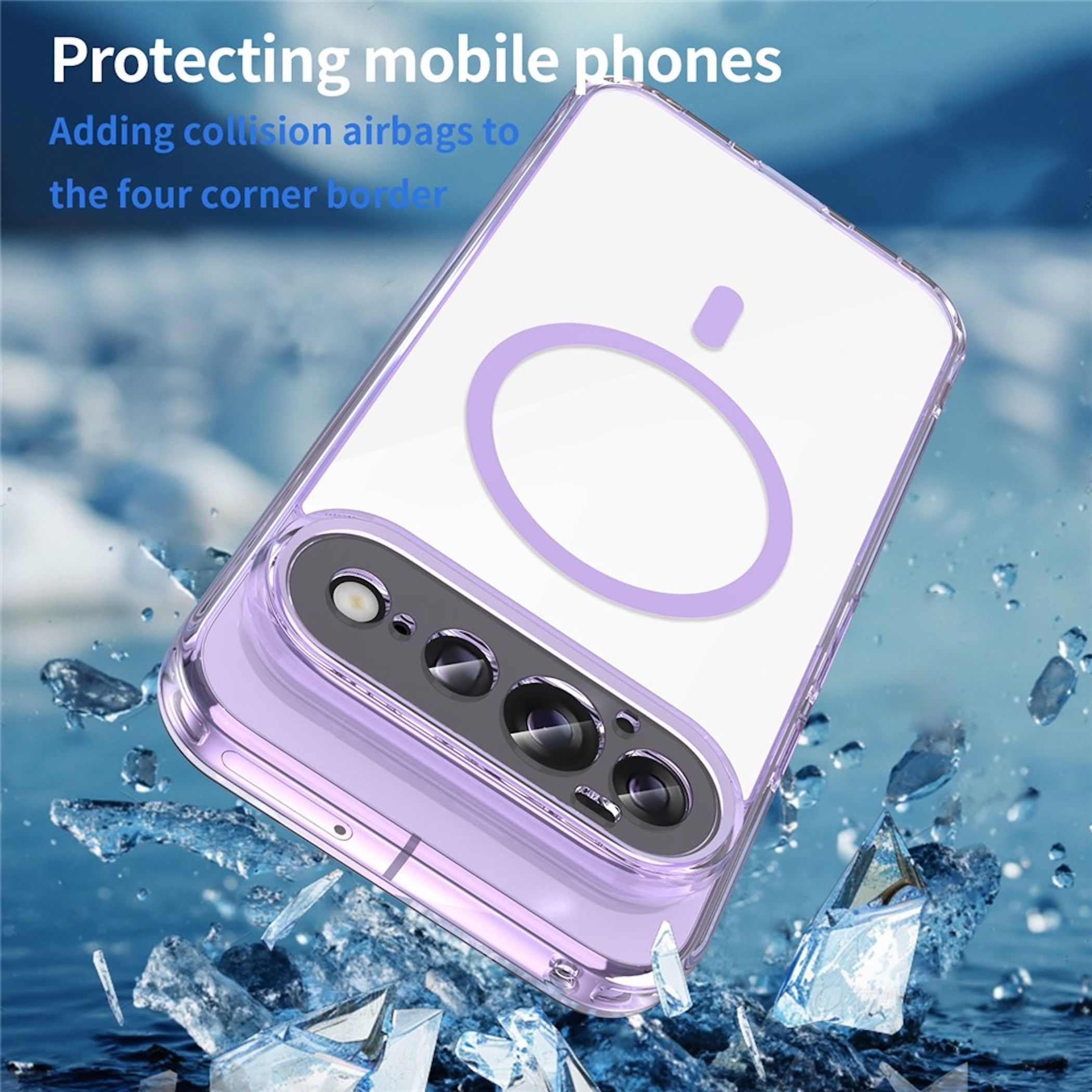 Schutzhülle für Mobiltelefone mit MagSafe-Ring und Kameraausschnitt vor blauem Hintergrund mit Eisfragmenten.