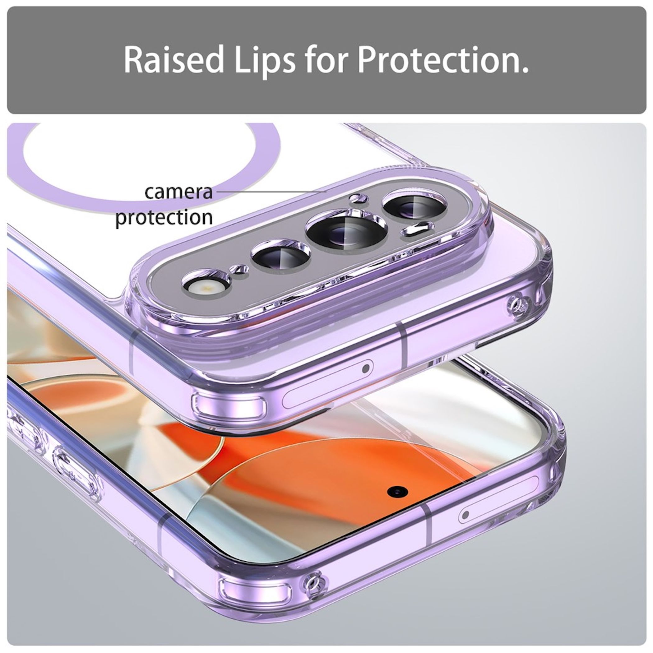 Lila transparente Smartphone-Hülle mit erhöhtem Kameraschutz.