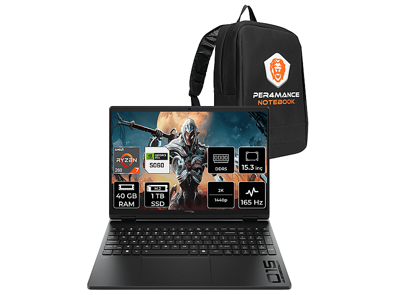 HP HyperX Omen 15 RTX5060 8GB FHD+ D2QV9EAPN323 AMD Ryzen 7 260 40 GB RAM 1 TB SSD 15,3 inç FreeDOS Laptop+Çanta Siyah