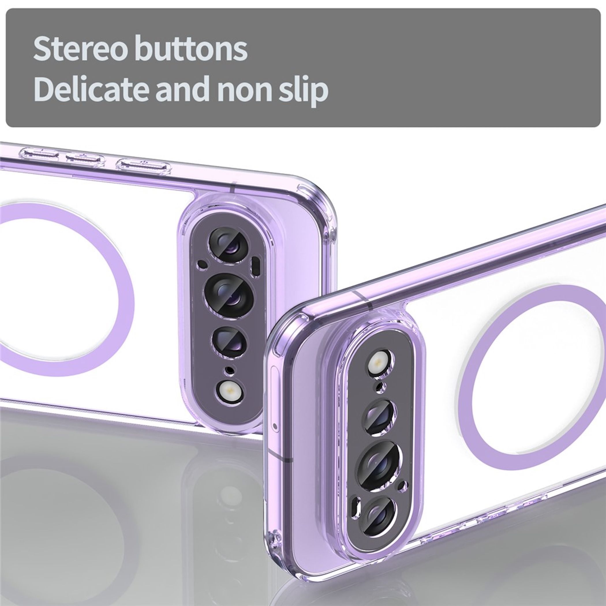 Zwei hellviolette Handyhüllen mit Kameraausschnitten und magnetischen Ringen, Stereotasten und rutschfestem Design.