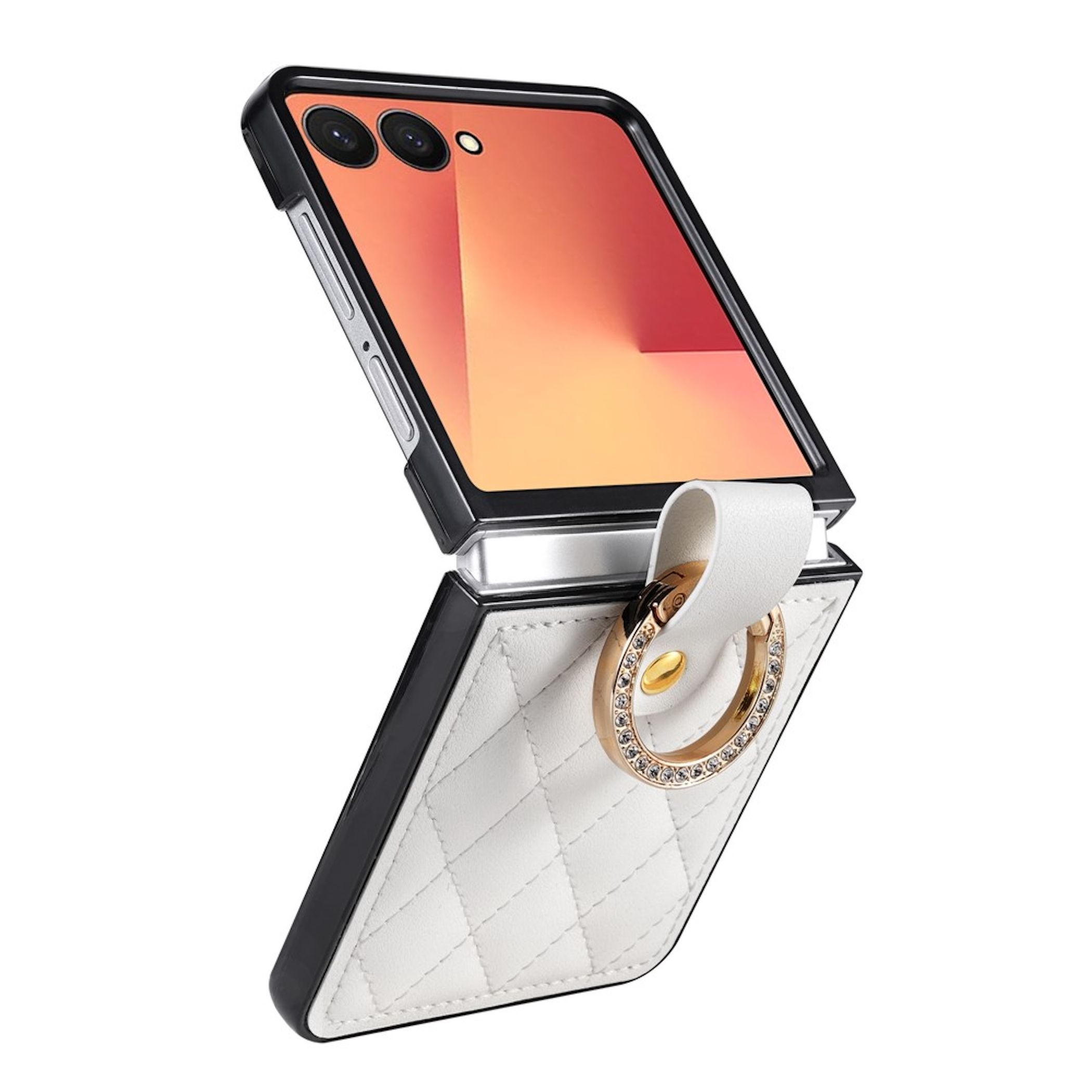 Ein faltbares Smartphone in einer schwarz-weißen gesteppten Lederhülle mit einem goldenen Ringhalter auf der Rückseite.