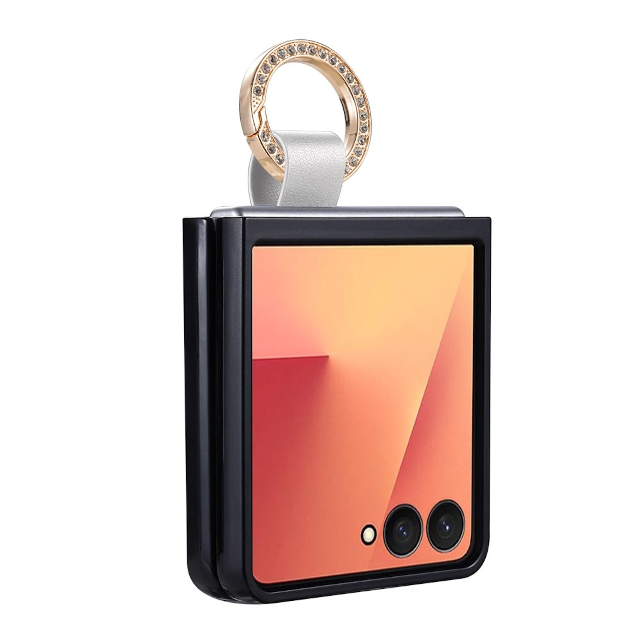 Ein faltbares Smartphone in einer schwarzen Hülle mit einer roségoldenen Ringhalterung oben.