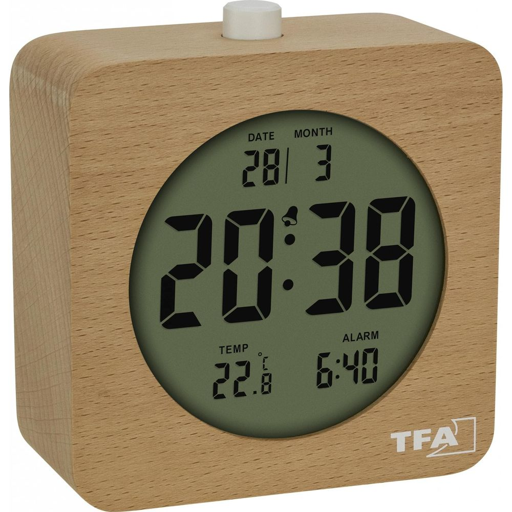 Holzfarbener Digitalwecker mit runder grüner Anzeige, Datums- und Temperaturanzeige sowie weißem Knauf.