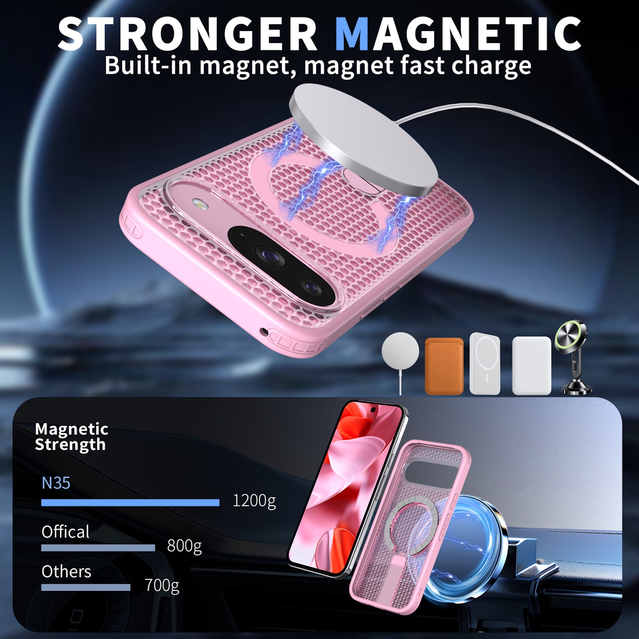 Eine rosa Handytasche mit magnetischer Ladefunktion zeigt Stärke und Zubehör.