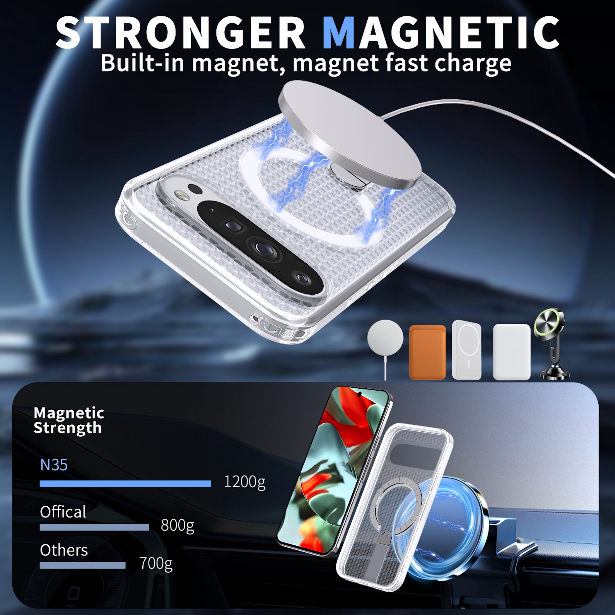 Starke Magnethülle für Smartphones, drahtlos aufladbar und mit Autohalterungskompatibilität.