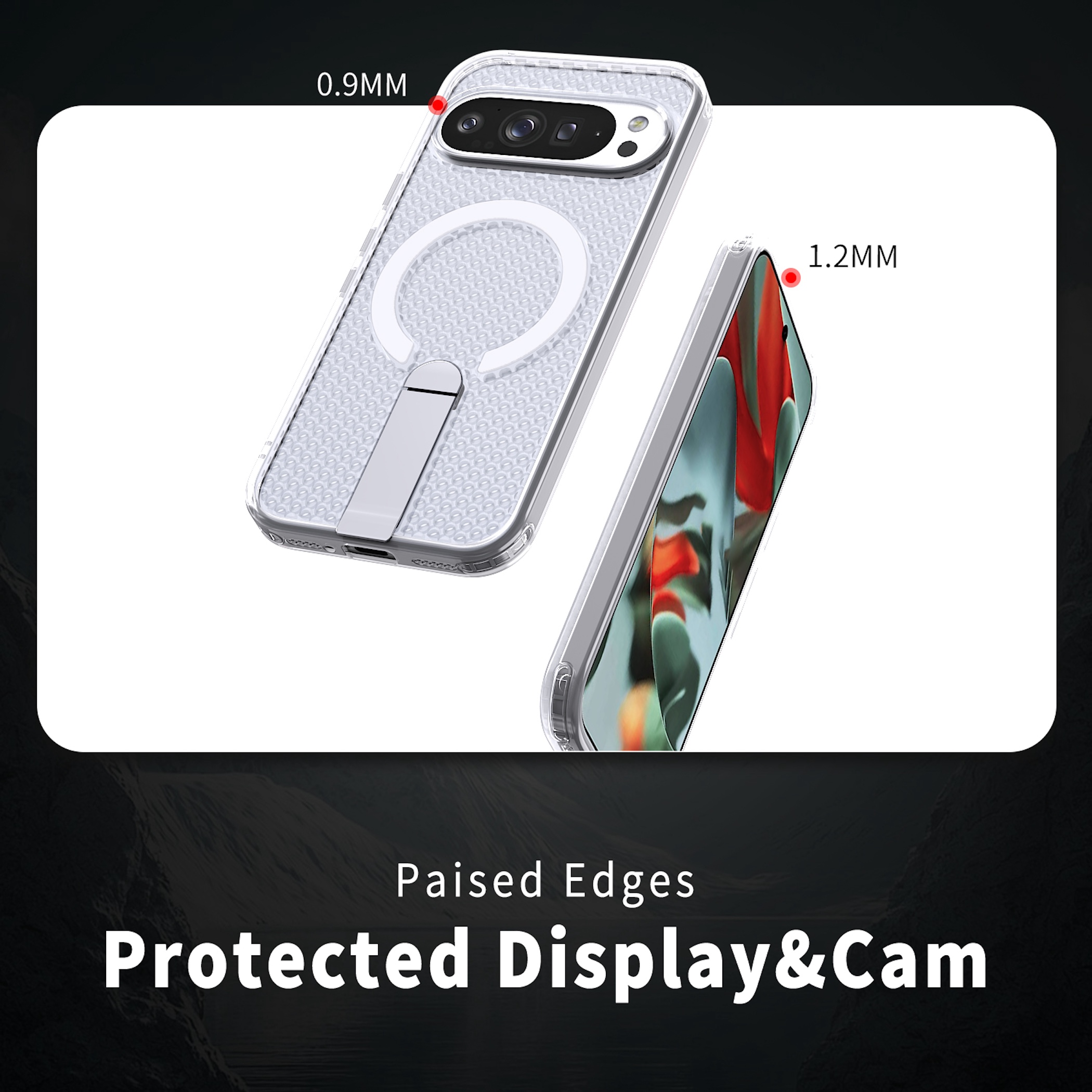Transparente Handyhülle mit Ständer und Magnetschleife zeigt erhöhte Kanten für Display- und Kameraschutz.
