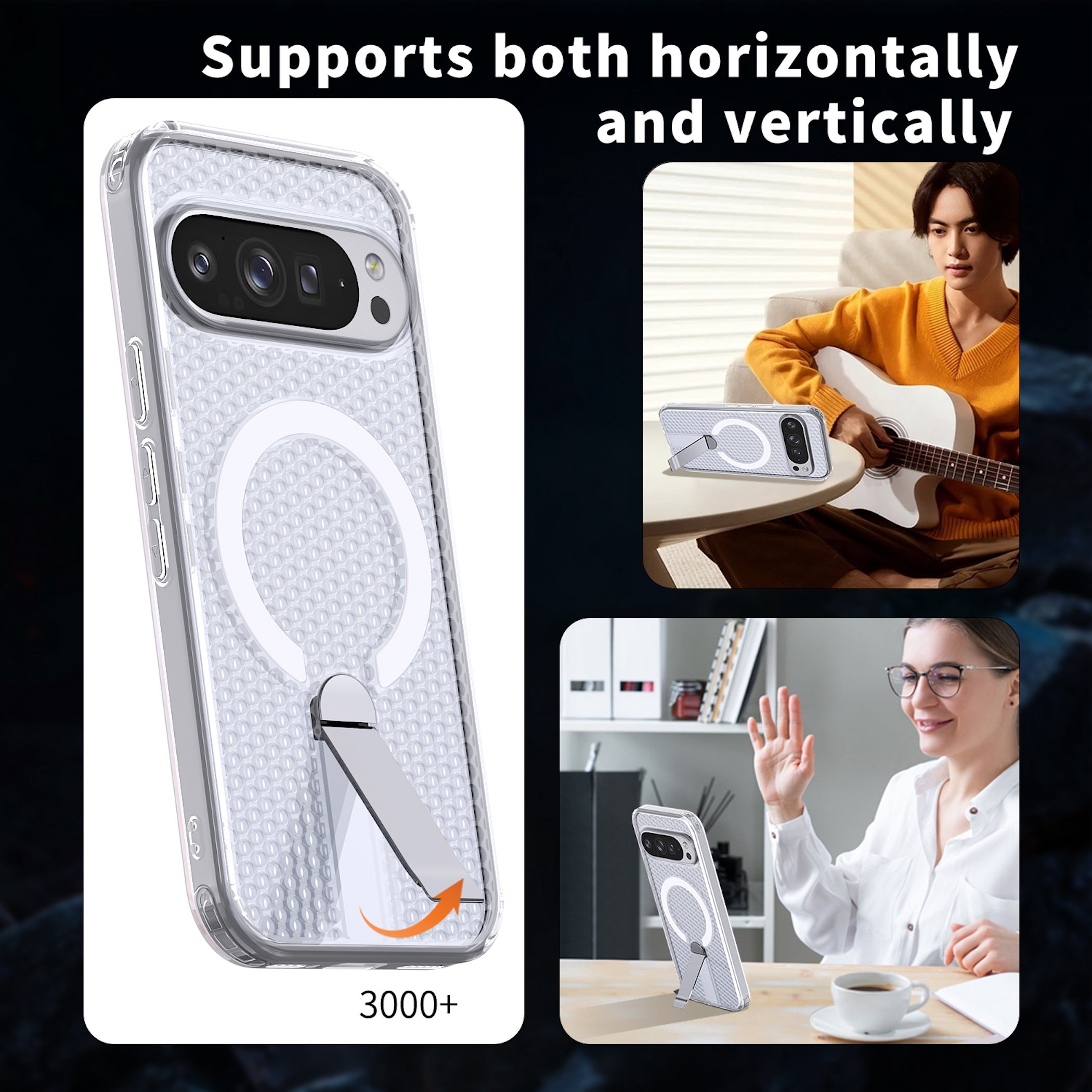Transparente Handyhülle mit integriertem Ständer für horizontale und vertikale Nutzung.