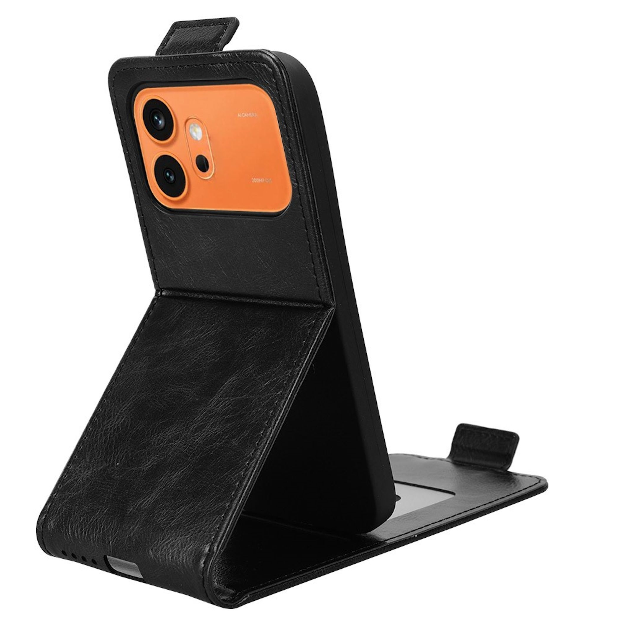 Schwarze Lederhülle mit integriertem Ständer, die ein Telefon mit einer auffälligen orangefarbenen Kamera hält.