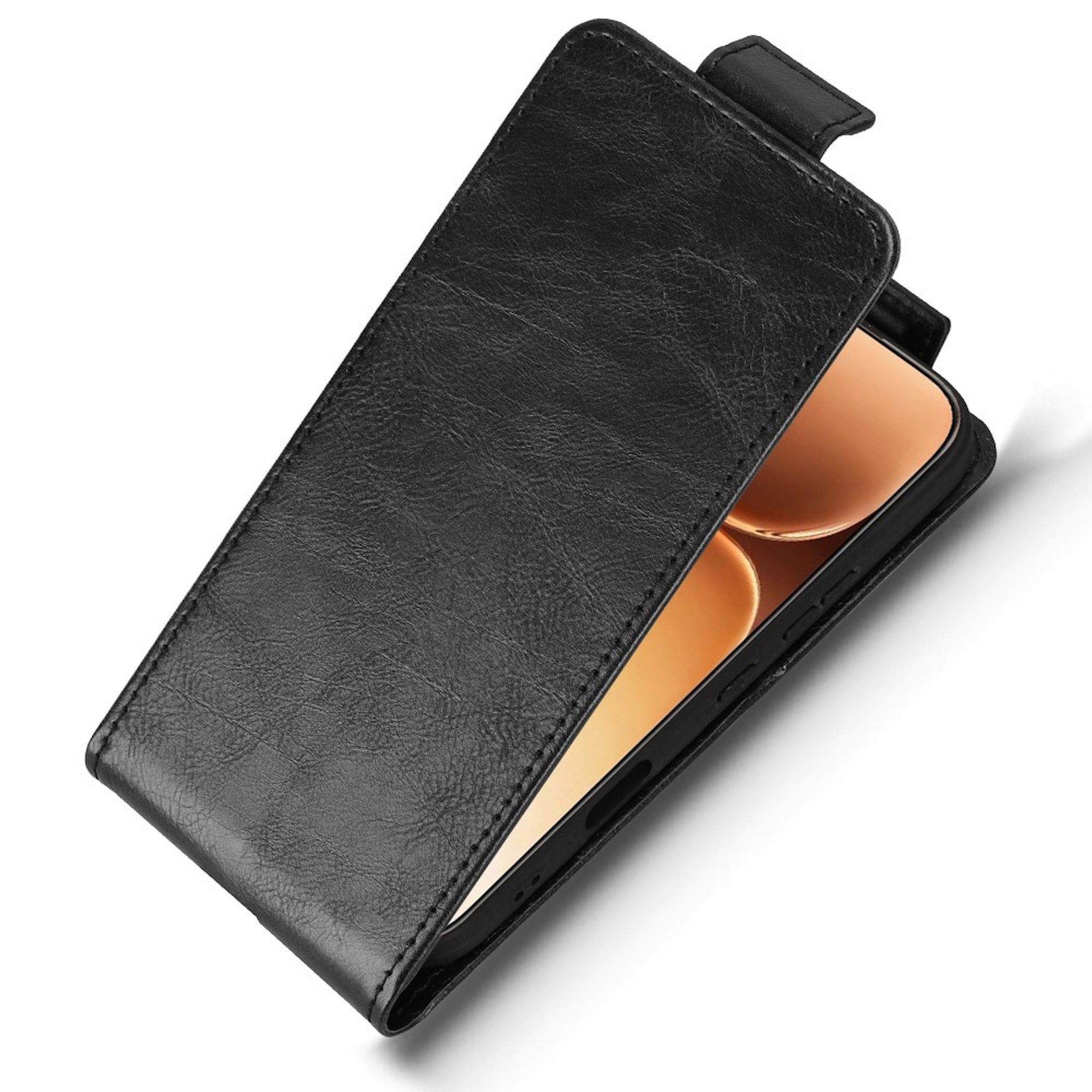 Ein schwarzes Leder-Flip-Case für ein Smartphone mit geöffnetem Deckel auf weißem Hintergrund.