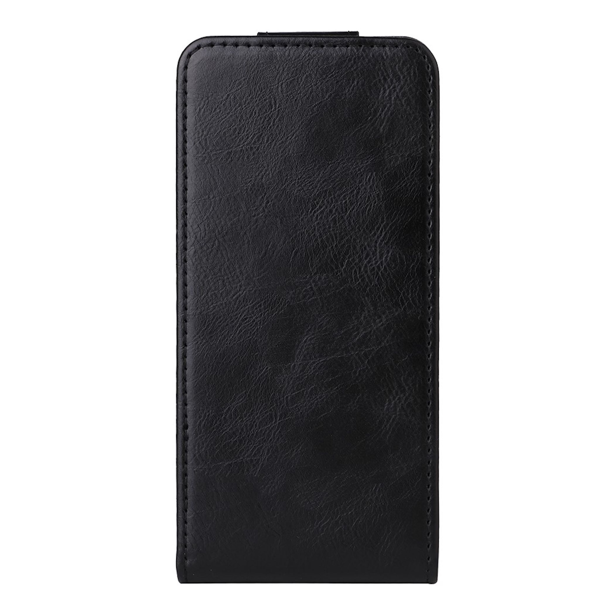 Eine schwarze Handytasche aus Leder mit sichtbaren Nähten vor weißem Hintergrund.
